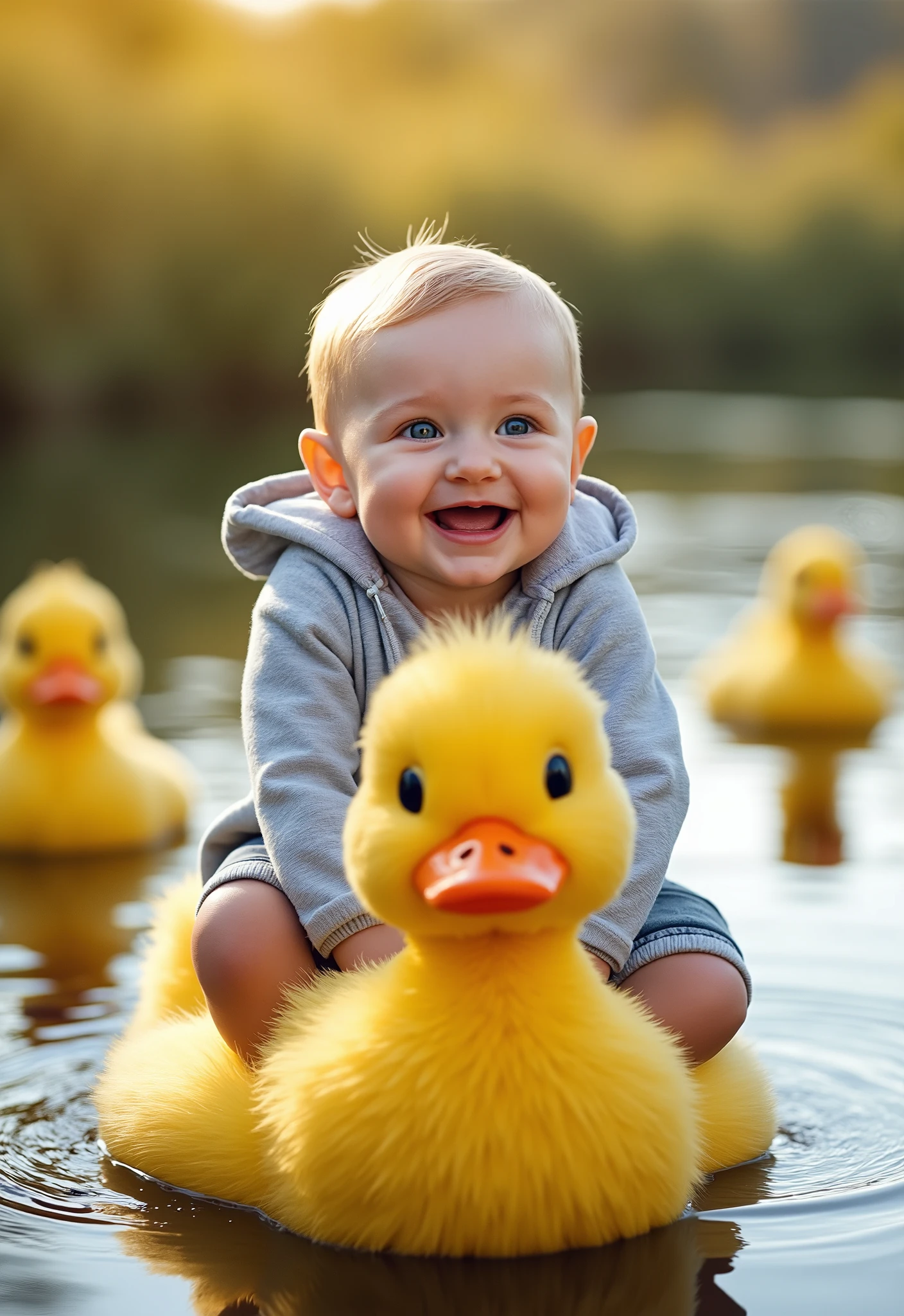 Create a whimsical scene featuring a joyful with bright blue eyes and a big smile, riding on the back of a cheerful, fluffy yellow duck. The babywearing a light grey hoodie and denim shorts, exuding an aura of happiness and innocence. The background should be a serene, sunlit pond with gentle ripples in the water, and other ducks swimming nearby. The lighting should be warm and soft, enhancing the playful, magical atmosphere of the scene.
