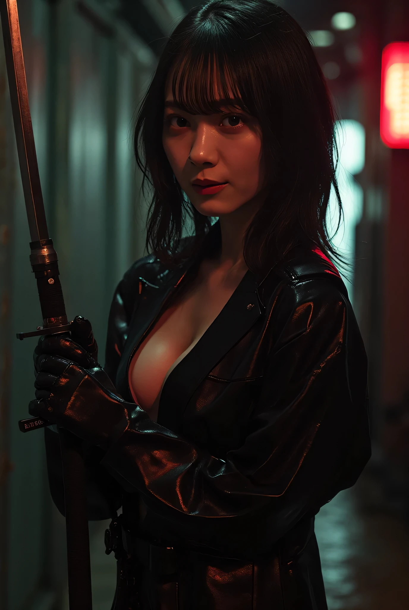 ((best quality)), ((masterpiece)), (detailed), cyberpunk, 8d, 8k, 4k, ultra realistic, uhd render, rtx4090, ray tracing, samurai, cyberpunk city, katana, high resolution, pure effects, natural atmosphere, ultra technology, kardeshev scale 2 civilization, big city, dark, action, rainy day, night, auto upscale, pure face