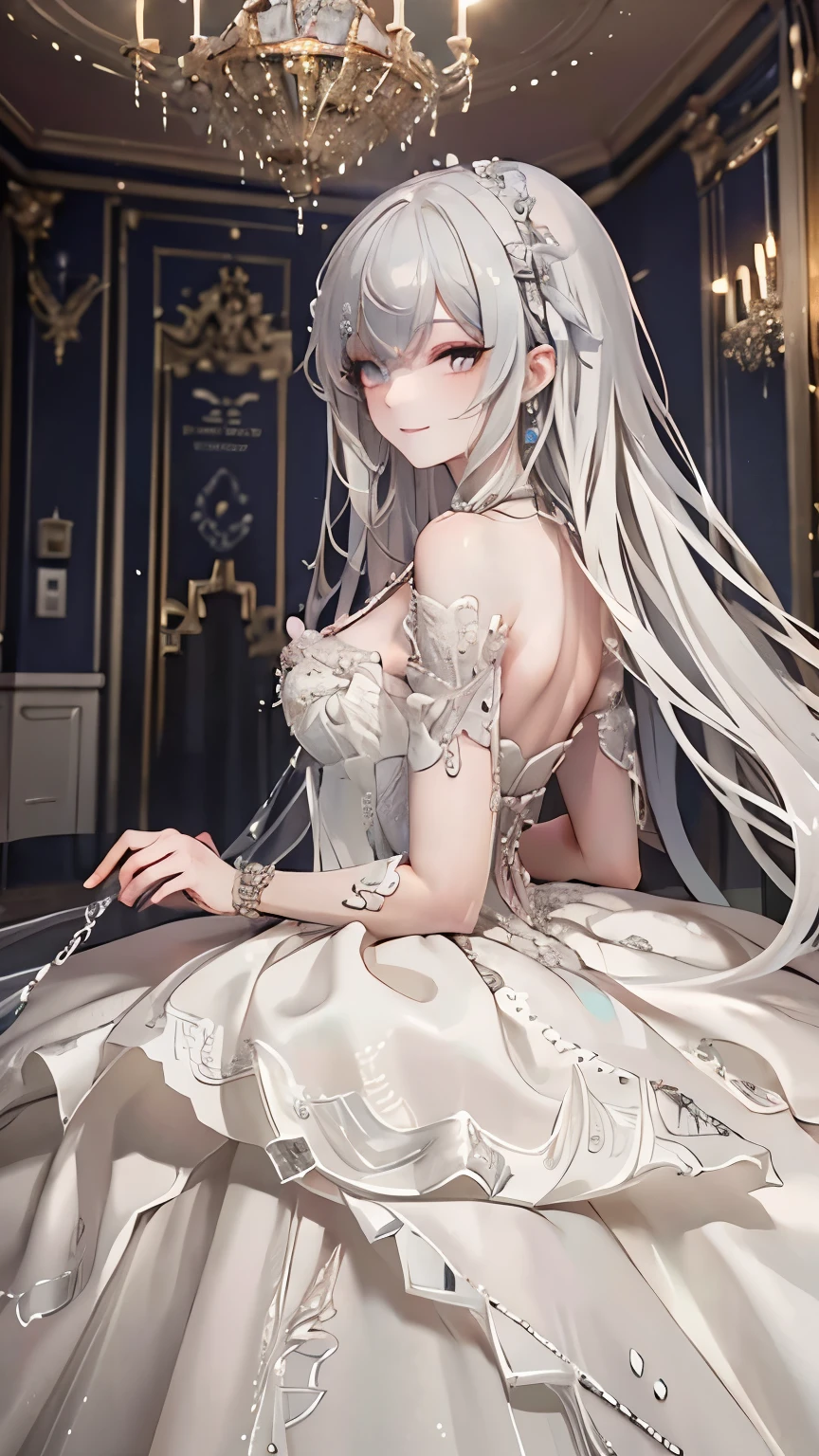 ( Masterpiece, top quality, beautiful and aesthetic:1.3), upper body, looked back , Watch Viewers , 1 girl, Alone, light smile, very long hair, (Gray Hair:1.2), Ruani , jewelry, necklace, white dress, Cover , Shiny Skin, beautiful face, beautiful eyes, outdoor, royal palace, stage, chandelier, standing, extremely detailed, professional illustration , employment,