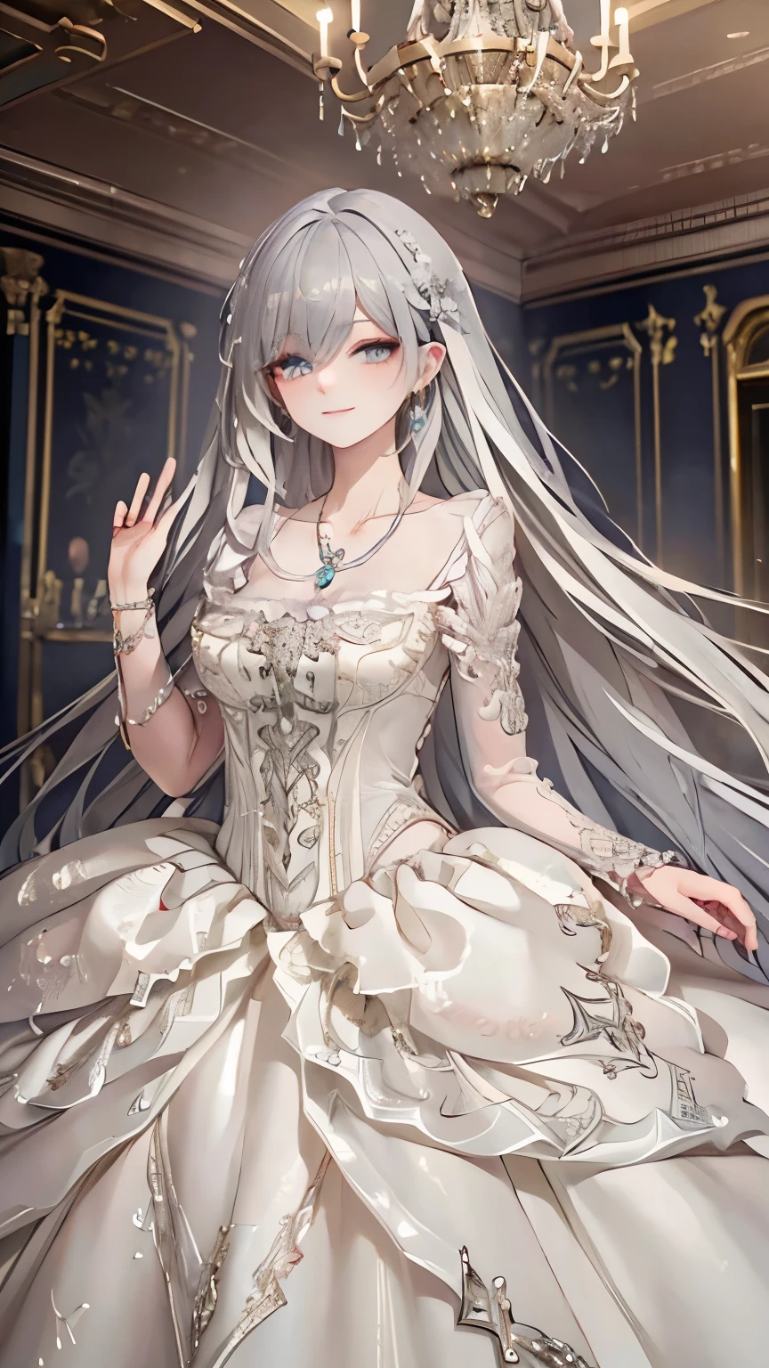 ( Masterpiece, top quality, beautiful and aesthetic:1.3), upper body, looked back , Watch Viewers , 1 girl, Alone, light smile, very long hair, (Gray Hair:1.2), Ruani , jewelry, necklace, white dress, Cover , Shiny Skin, beautiful face, beautiful eyes, outdoor, royal palace, stage, chandelier, standing, extremely detailed, professional illustration , employment,