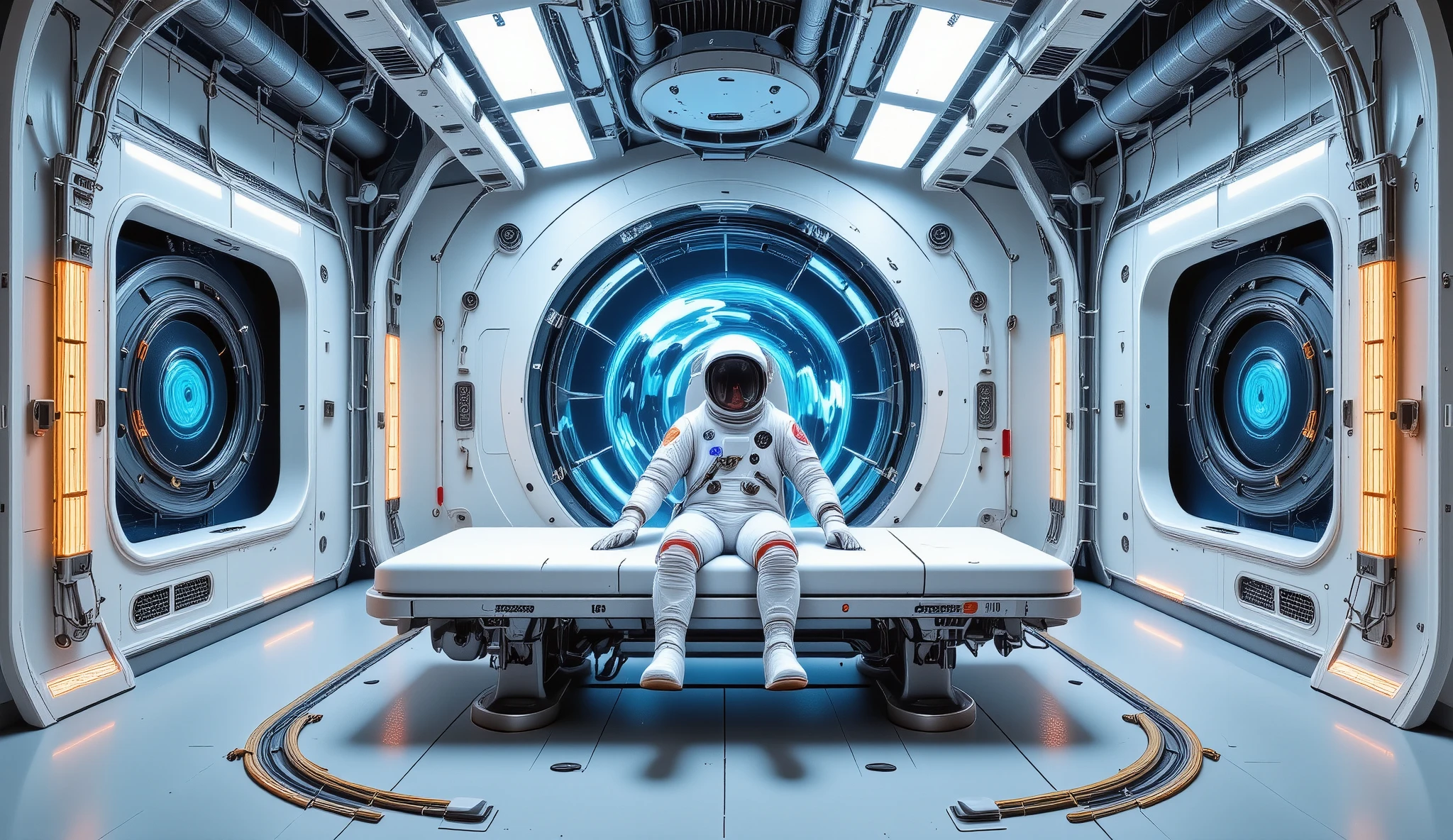 Future Technology Lab,There is a test bed in the middle of the lab,There is a man lying on the test bed ,Wearing a space suit,Space suit helmet pipe connection test bed side sci-fi,Data upload ,reality,Ultimate image quality,Movie Feel, 8K ultra-high resolutions,Enhanced picture clarity,Top view angle of the screen