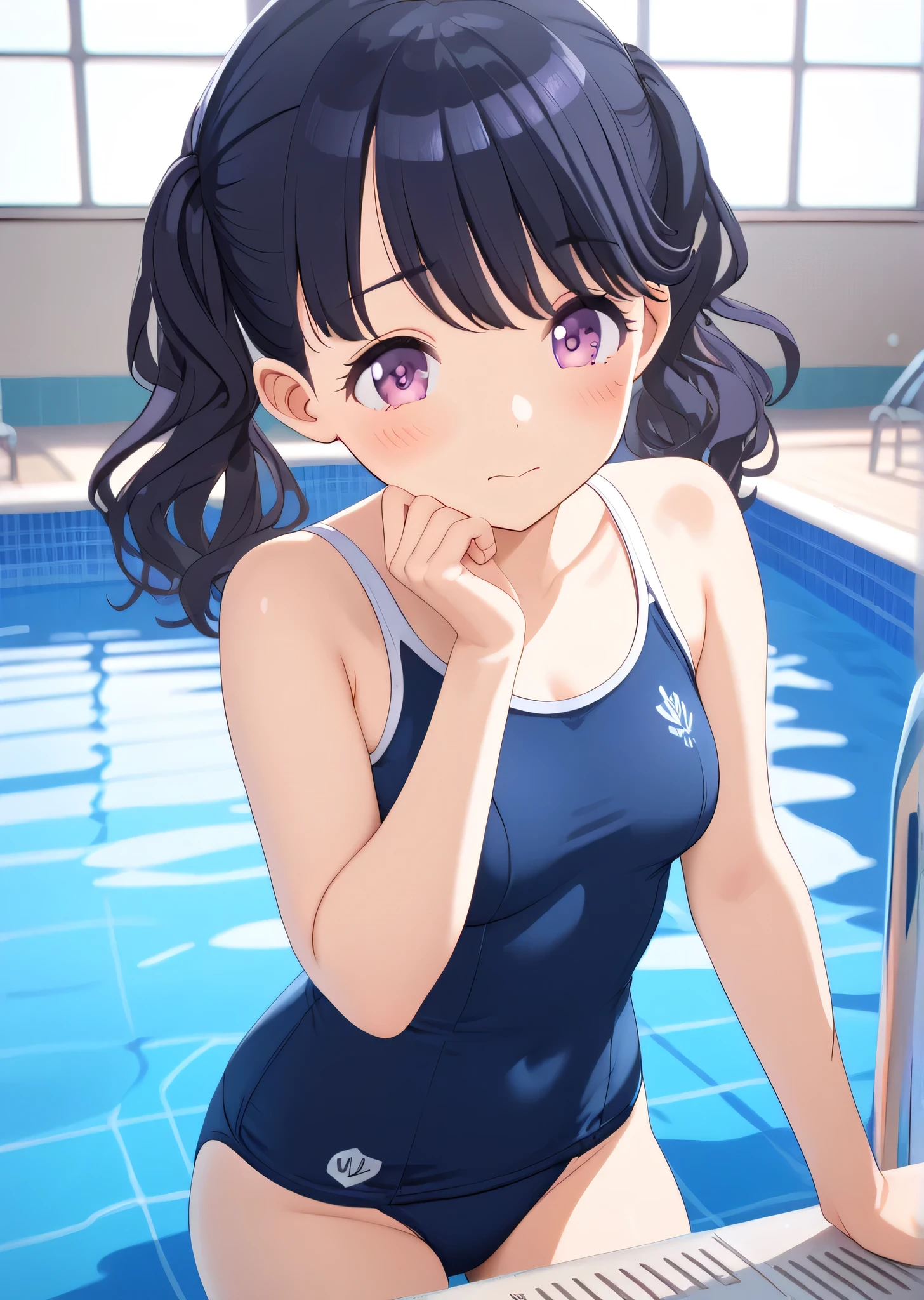 (((best quality))),(unparalleled masterpiece, side light, beautiful beautiful eyes: 1.2), ultra realistic 8k cg, perfect artwork, highly detailed, Mess, super high resolution, very super detailed,(((Fukumaru Koito))),((1 person)), alone,(((purple eyes,fine grain:1.1)),((Navy Blue School Swimsuit)),bangs, black hair, twintails,flower,medium hair, swept bangs,Perfect hands,rest,(((embarrassed,blush:1.3))),seductive pose,seductive pose,restingslender,hot,cute,perfectly symmetrical face,super cute girl,Super cute face,highly detailed eyes,super fine hair,super cute,very beautiful,swimming pool,(((Beautiful breasts: 1.3)))