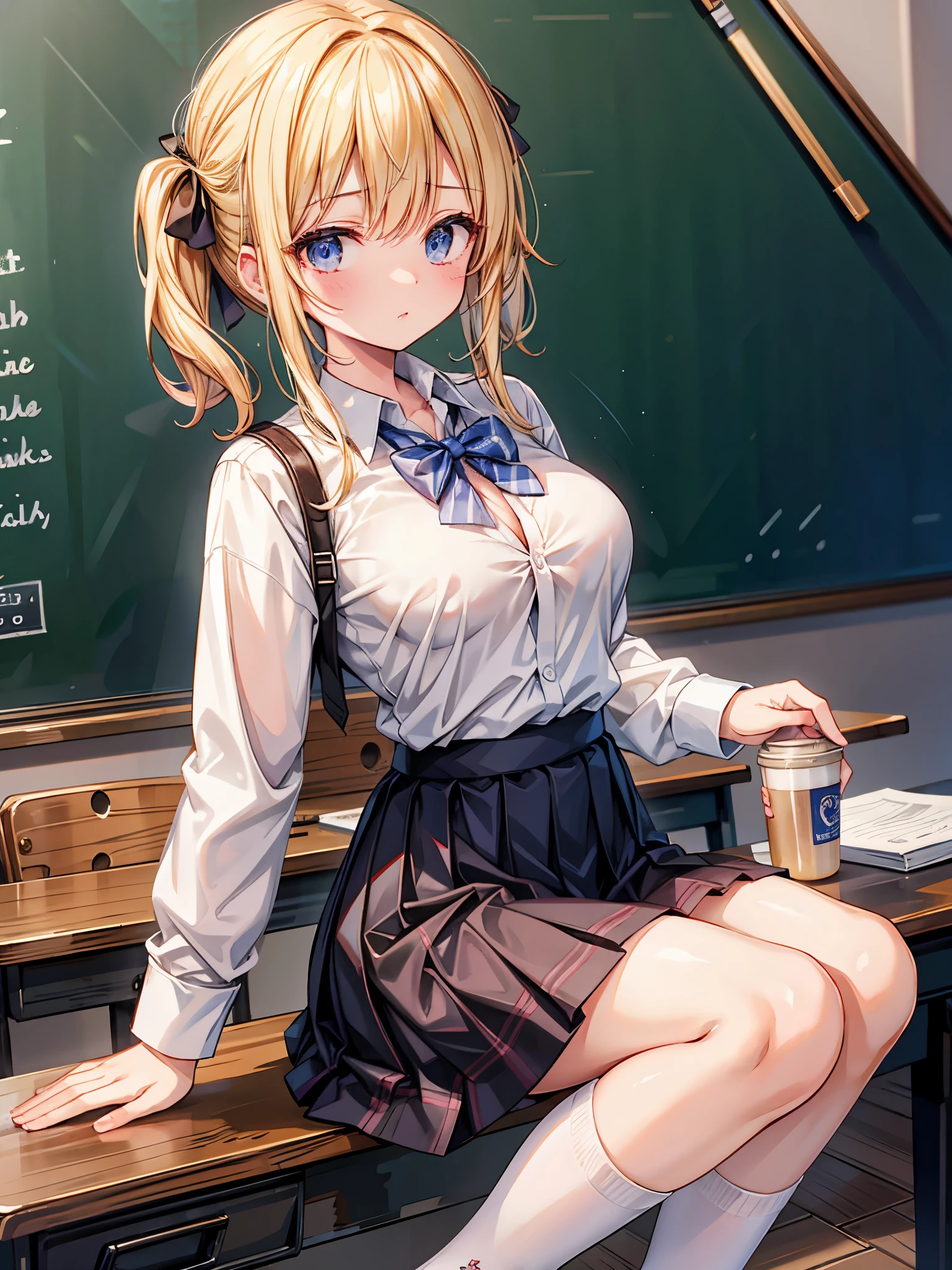 masterpiece, top quality, Hi-Res, SA1, blonde, school uniforms, white shirt, skirt by humili, チェック柄 skirt by humili, open shirt, bra very ,