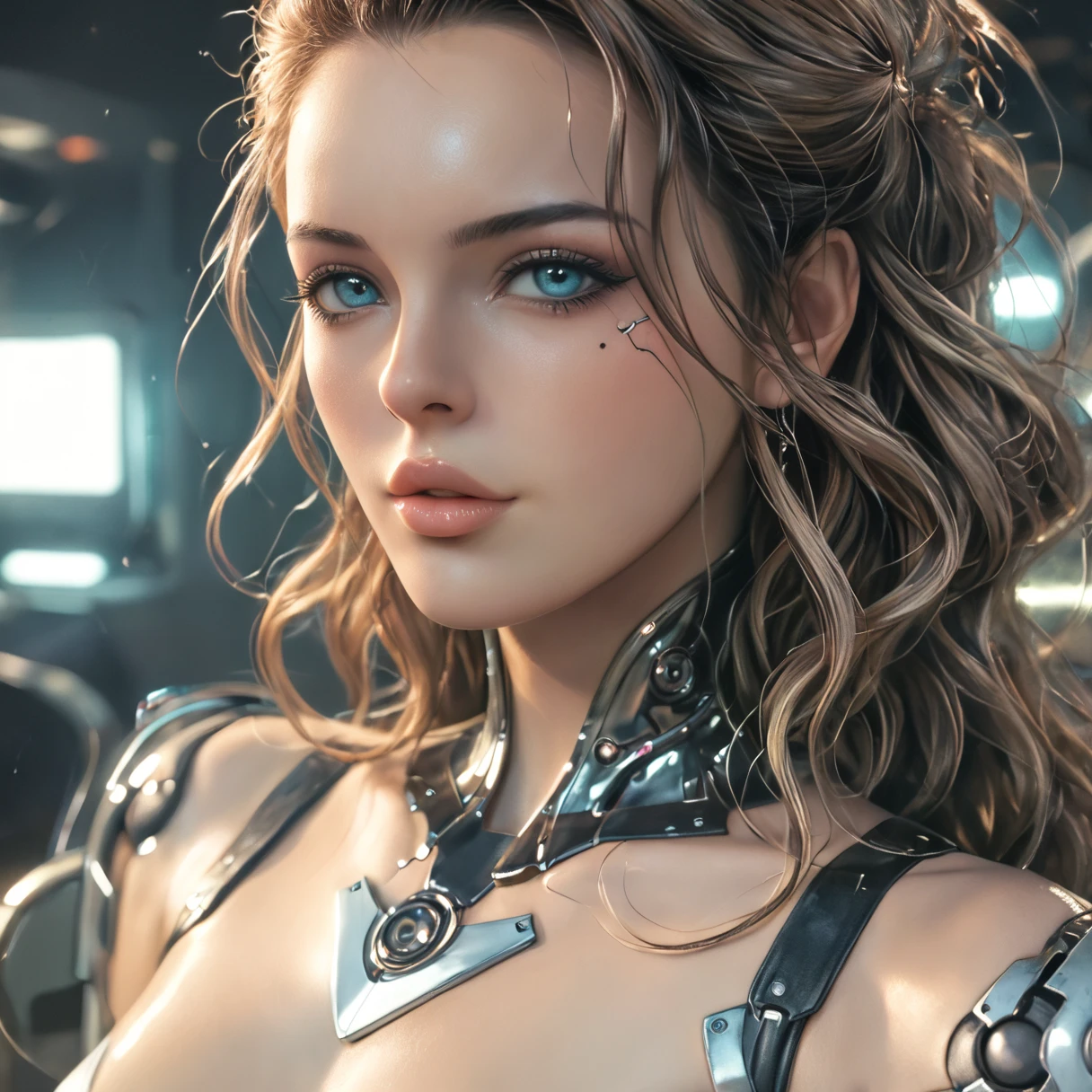 Beautiful cybernetic girl looking at camera underwear detailed muscles realistic masterpiece, Camel toes Perfect lighting Perfect body Perfect face Realistic facial features White transparent bikini Very huge with breasts Heavy breasts, dangling breasts, cleavage, pussyprint, Areola protruding, hentai, sexy pornstar pose