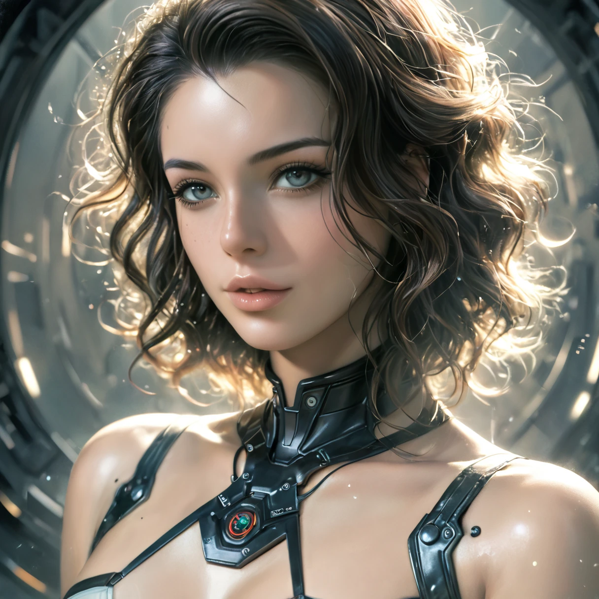 Girl naked in gold body jewelry, Highly Detailed Face and Skin Texture, ((white skin)) big green eyes, slim face, juicy lips, bimbo lips, big puffy breast, Tiny breastplates ((afro curly Black hair)), pale skin, Detailed Eyes, Double Eyelids, cyberpunk gold metal jewelry BDSM, gold metal cyberpunk tapes on body, metal Collar, metal gold futuristic tiny Panties t-strings, metal Tiny panties, metal stickini, metal cupless bra, metal clothes, gold body jewelry, wet skin, she is naked. White skin, she is on the futuristic cyberpunk white and Black room in the spacecraft. Ring in the nose.