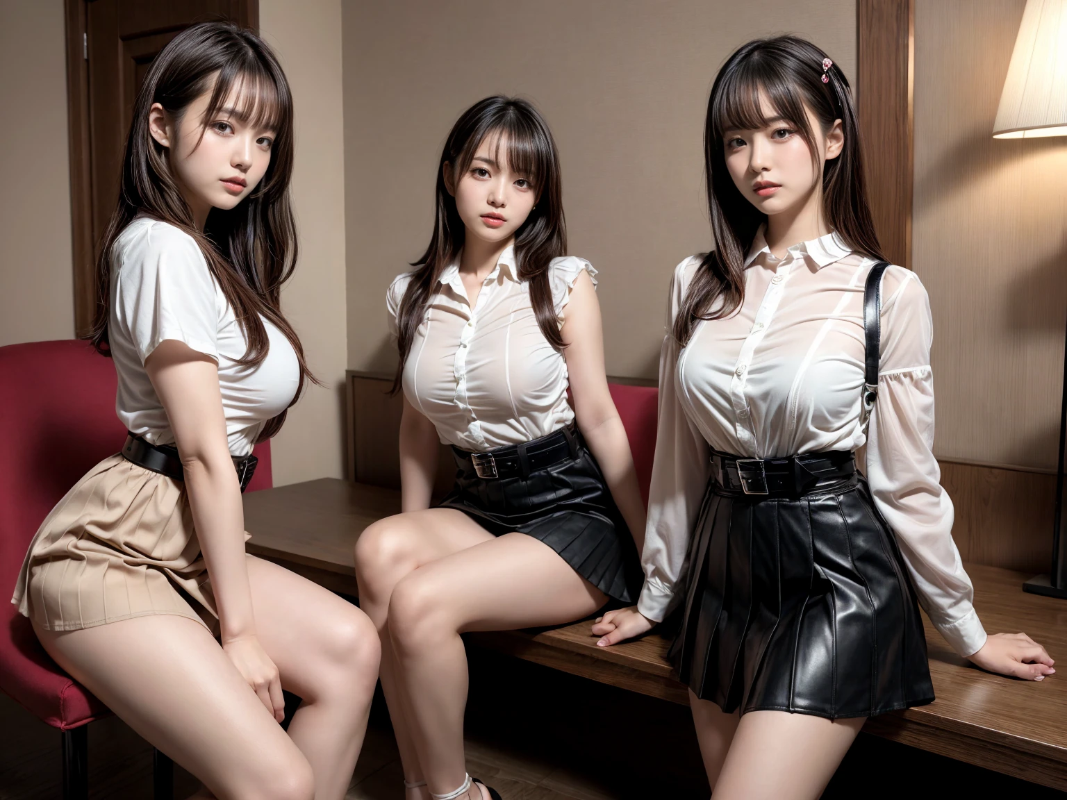 muste piece, best quality, illustration, Super detailed, fine details, High resolution, 8K,wall paper, perfect dynamic composition,(Details High quality, realistic depiction of eyes:1.3),((2 girls)), (Fashionable, a belt black suspenders, Aside Cutter Shirt, a miniskirt, garterbelts), short bob hair, large breasts, black hair color, Big Natural Color Lip, (perfect body shape), Touching each other's bodies,Touching the body of the girl next door,crying a little、cold gaze, Harajuku style、20 year old girl、cute type、lolita、beautiful legs, hotel room, Gravure Idol, Voluptuous thighs, (woman on top, straddling, sitting)
