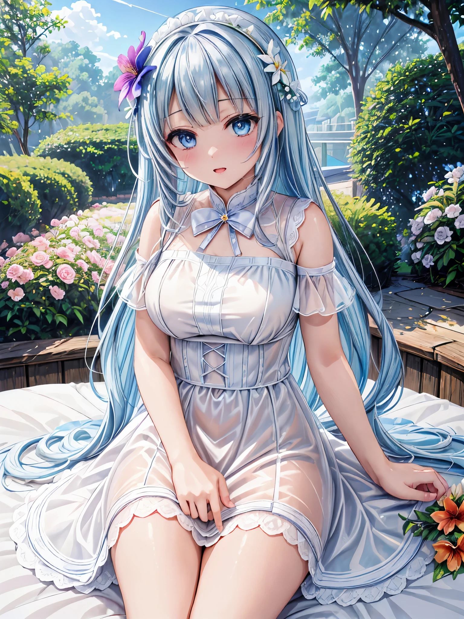 ( Masterpiece, top quality:1.6), white lace dress , cowboy shot, thighs, beautiful girl, (flower, 小さな白いflowerびらがたくさん:1.3), garden, blue sky, Watch Viewers , constricted, Official Art, RAW Photo , Extremely Absurd , face light in a tropical car, dynamic lighting during sex , Cinematic Lighting, super real, Hi-Res, photography, sharp concentration, best details, extremely detailed, super detailed, detailed, highly detailed eyes and face