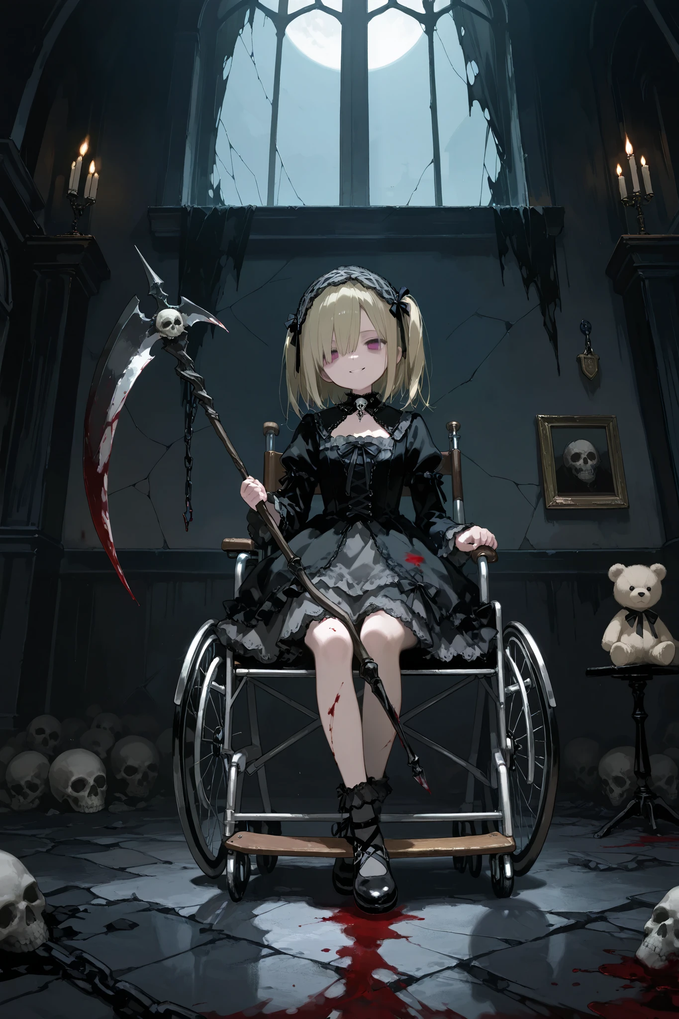 1girl\(gothic style\), 180cm height,Absurdly beautiful and tall,great figure,side bang,from front,full body,gothic dress,blood on leg, Look at me with disdain,Please laugh me without mercy,evil smile expression),BREAK,large death scythe double-handed grip, Dynamic Motion Blur,death scythe\(perfect shape,blood on weapon, Skull decoration handle dy chain,intense energy\), BREAK, desolation church\(cracked walls, broken windows, torn curtains, rusted wheelchair, fallen IV stand, eerie silence, drifting mist, dusty floor, long shadows, moonlight through broken glass , (bloodstains:1.45),handprints on walls, (white teddy bear\(Very cute, very detailed, fluffy\), lies on the floor, head covered blood:1.6),BREAK,cold and ominous atmosphere, Dark gothic atmosphere, faith rule, insanity CG, UHD, retina, masterpiece, accurate, anatomically correct, textured skin, super detail, high details, high quality, award winning, best quality, highres, 1080P, HD, 16k, Gothic Art style, Chiaroscuro,trk