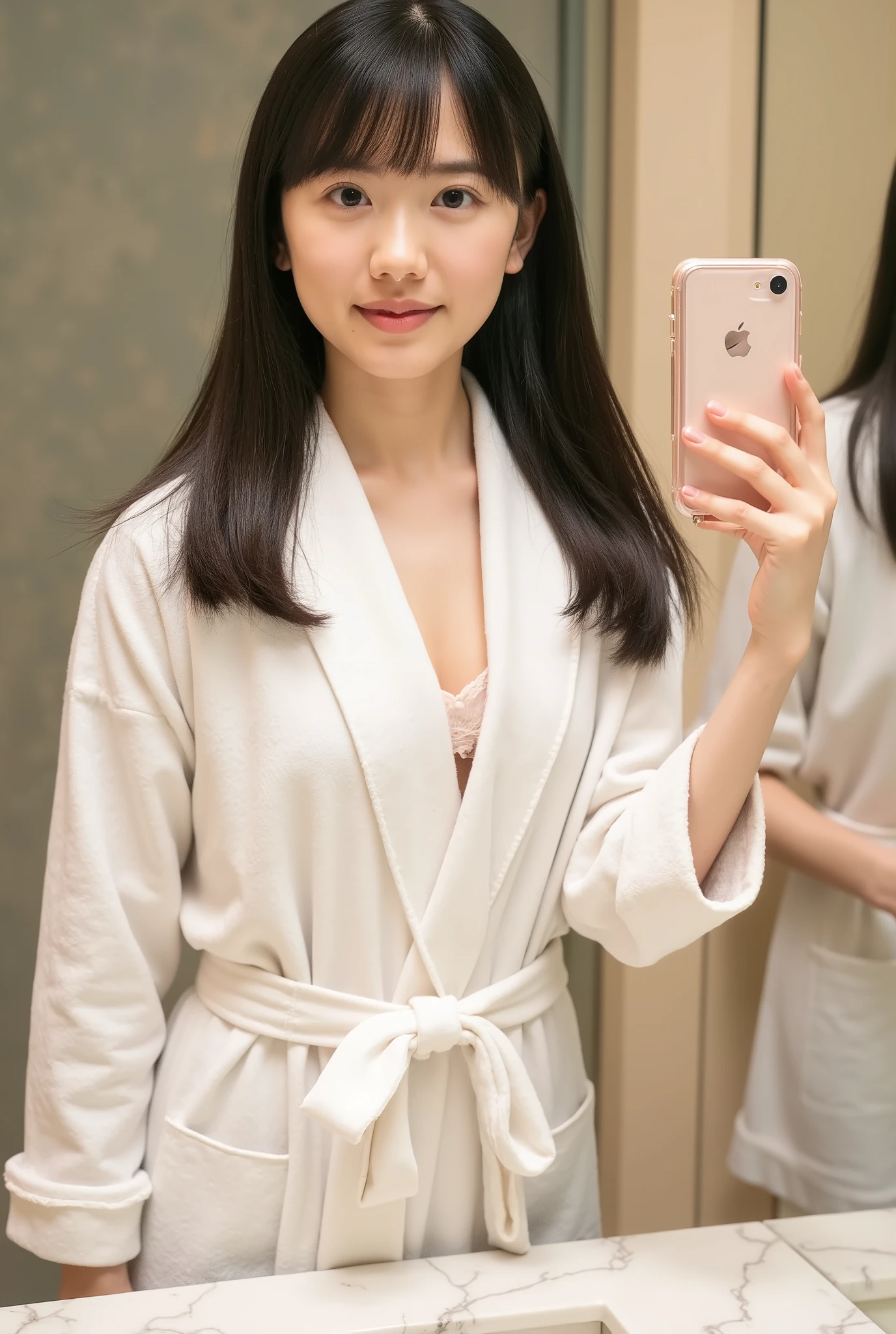 High quality self-portrait of an Asian woman with bare breasts and bathrobe (((Look over one shoulder))) Taking a selfie in the mirror using your iPhone. she was standing in the office bathroom . with a pastel wall in the background . The light is soft and beautiful . bring small panties to highlight the elegant modern design of the bathroom . Complete with marble countertops and luxury accessories. Mirror reflection shows young woman holding phone in 、A confident young woman with a cell phone is shown, captures the atmosphere of the office . ( a self-portrait of a high-quality Asian woman wearing a nude NSFW ) (( big breasts)) (( Twin Tail Hairstyle ))