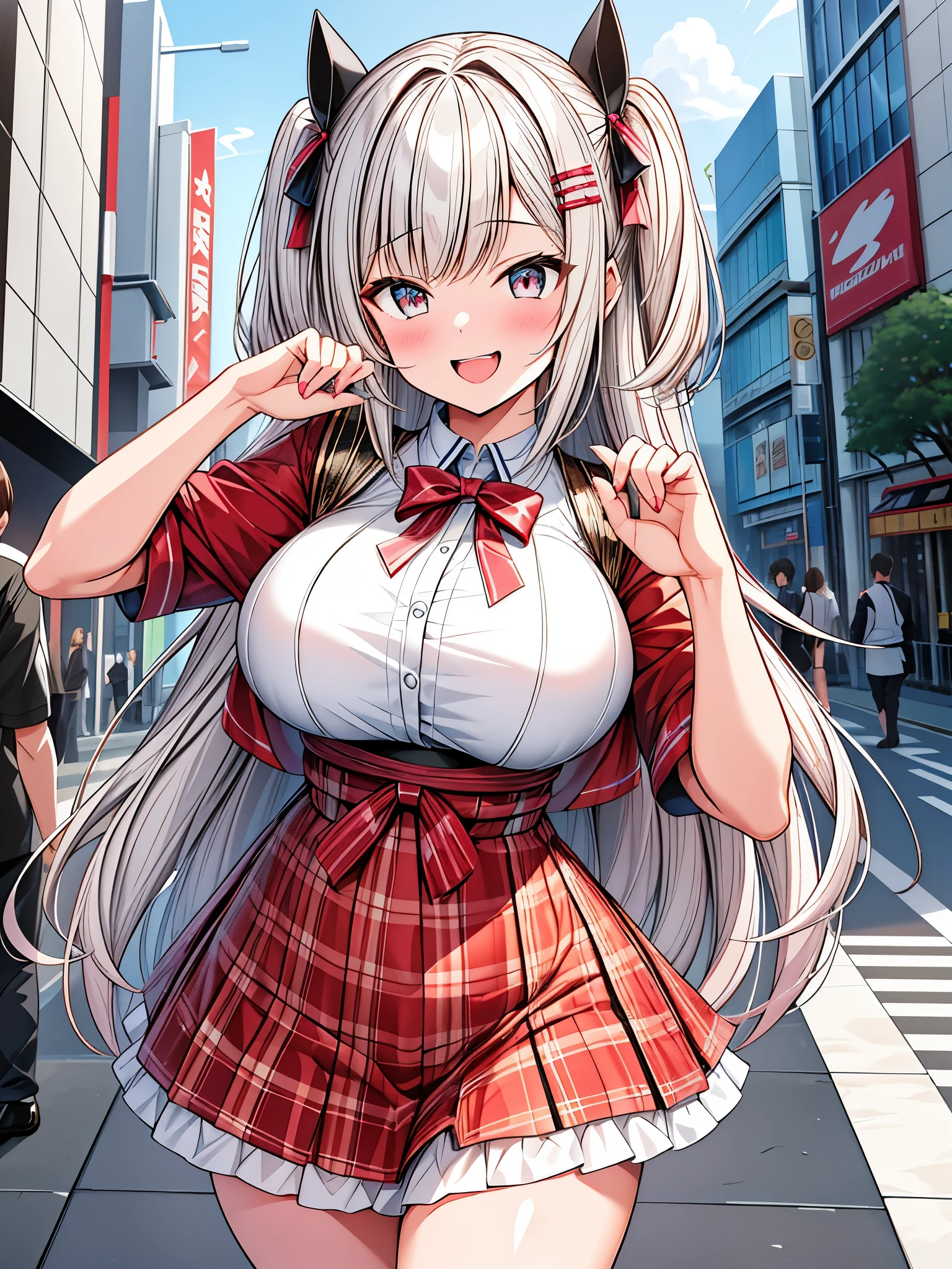 insanely detailed , is ridiculous, ultra-highres, super detailed, top quality,
1 girl, Alone, Nice hands, Perfect Hands,
break,
( I'm leaving wearing my school uniform ),
Happy smile, laughs, open your mouth ,
cute pose, cowboy shot,
break,
slender, cute, Battle zombies , super cute girl, super cute face, super detailedな目, Ultra-precise hair, super cute, very beautiful,
Canon EOS, SIGMA ART LENS 35mm F1 .4, ISO 200 shutter speed 2000,
Harajuku, Shibuya, Tokyo , street, crowd, cityscape ,
middle~ big boobs, Chest,
break,
(白髪のmiddleくらいの長さ, Crimson Eyes),