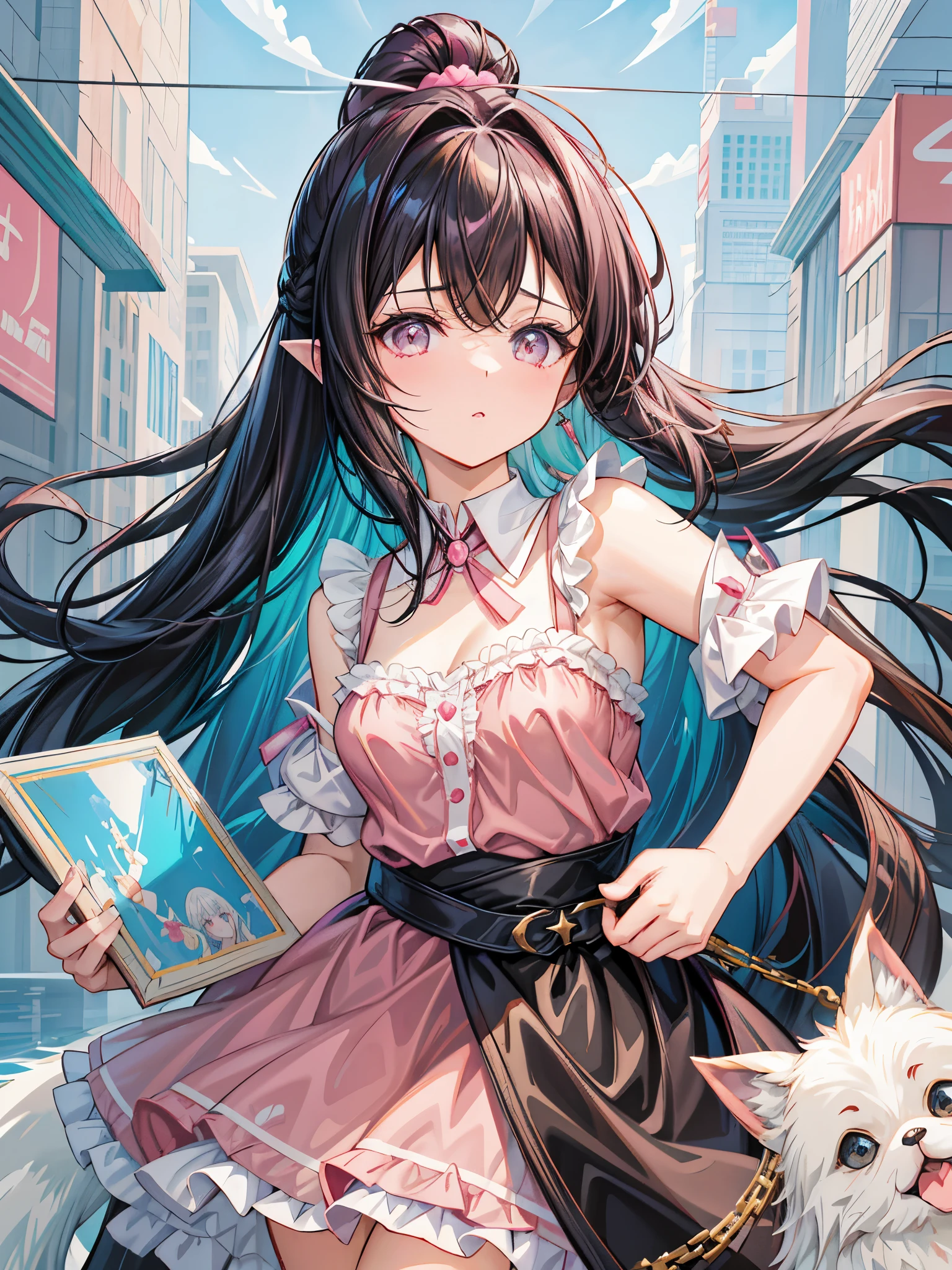 hanging painting, Holding a Pomeranian with Droopy Eyes , close-up portrait of a dark-haired girl in a pink dress, Magical Girl Portrait, cute, Lori in a baby pink dress , Atriel Rua, shirabii, Madoka Kaname, Petite and curvy Lori , Kitagawa Marin fan art , splash art anime Lori , Black Ponytail and Cyan Eyes , Dream Illustration , Fluffy girl, The Big Picture, Holding a Pomeranian with Droopy Ears