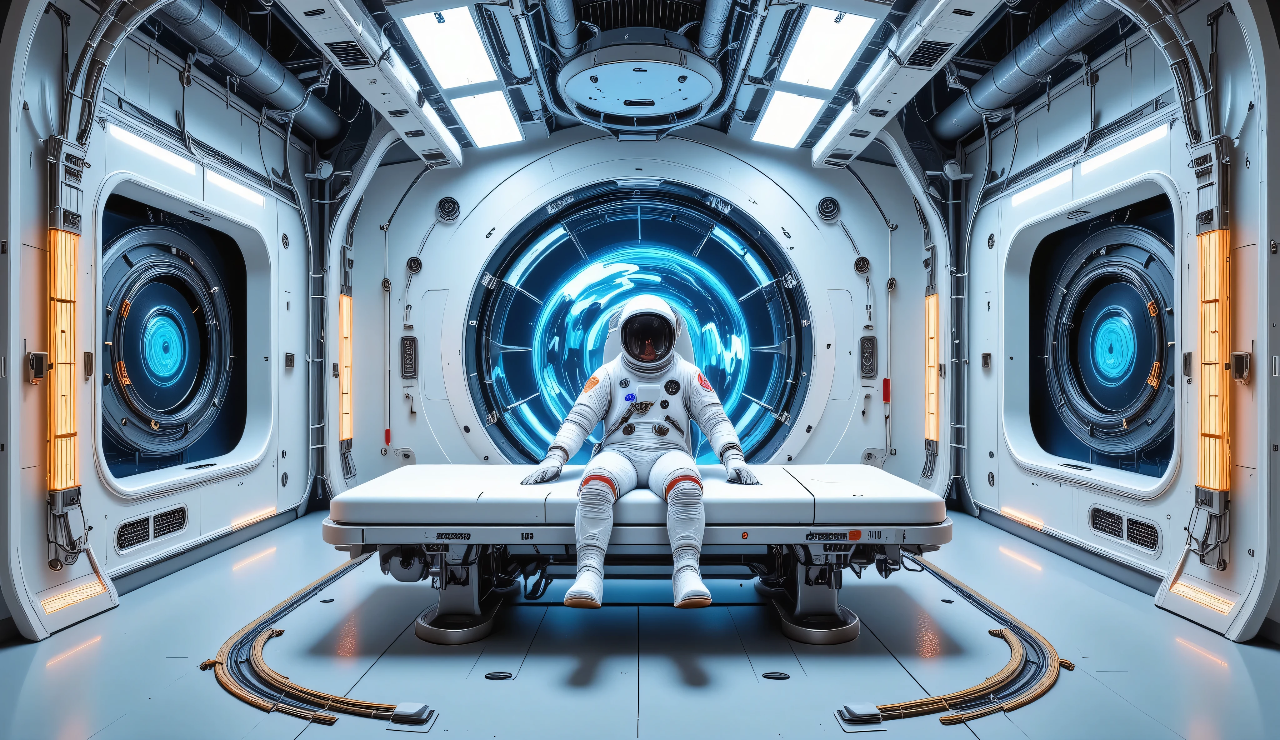 Future Technology Lab，There is a test bed in the middle of the lab，There is a man lying on the test bed ，Wearing a space suit，Space suit helmet pipe connection test bed side sci-fi，Data upload ，reality，Ultimate image quality，Movie Feel， 8K ultra-high resolutions，Enhanced picture clarity，Top view angle of the screen