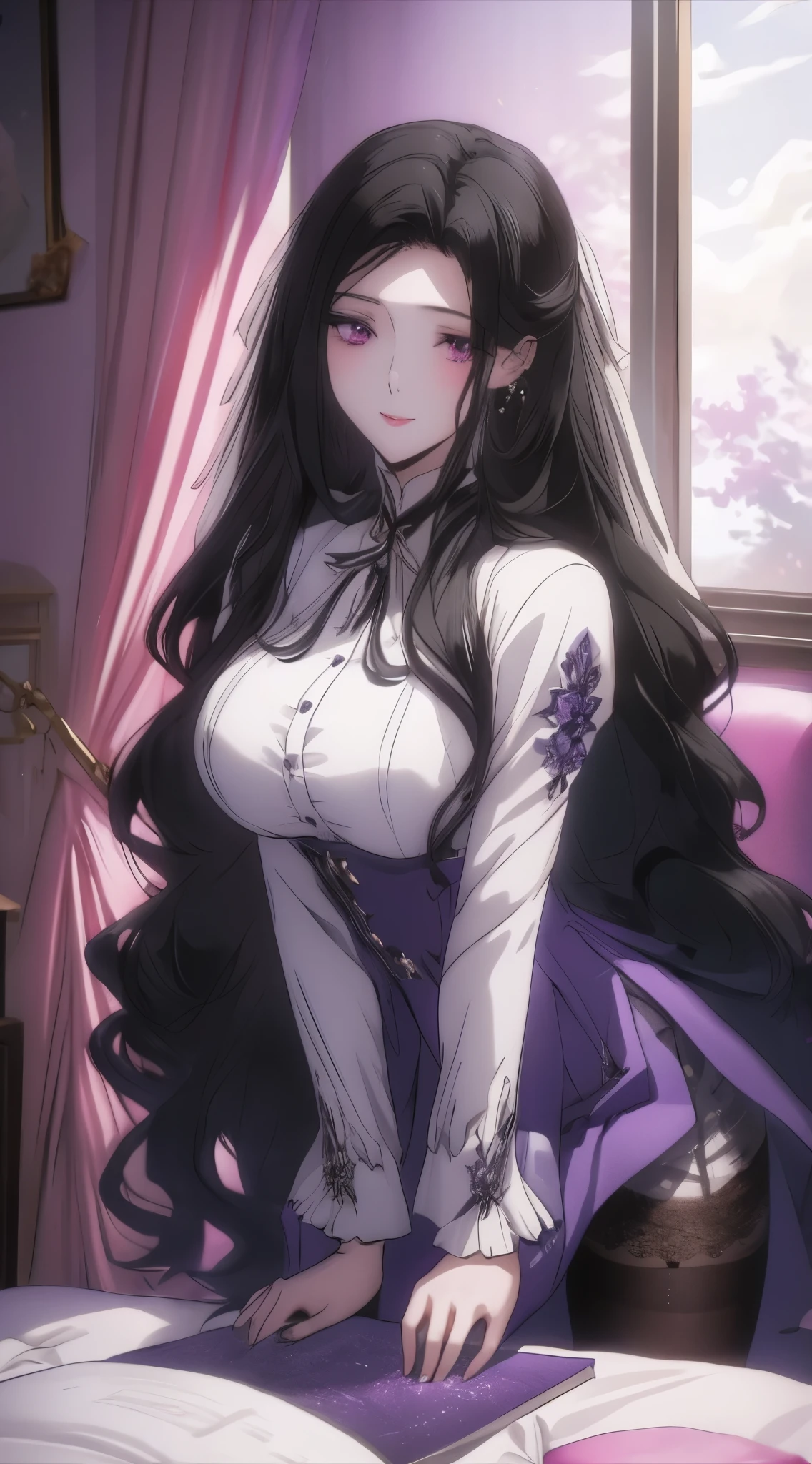 best quality, masterpiece, ultra-detailed, an extremely delicate and beautiful girl, huge filesize, artbook, indoor, curtain, black hair, long hair, big breasts, shirt, Long skirt, black silk stocking, high heels, thighband pantyhose, seductive smile, empty eyes, eyeshadow, purple eyes, endured face, realistic, photo, real, looking at viewer,Rub the corner of the thigh