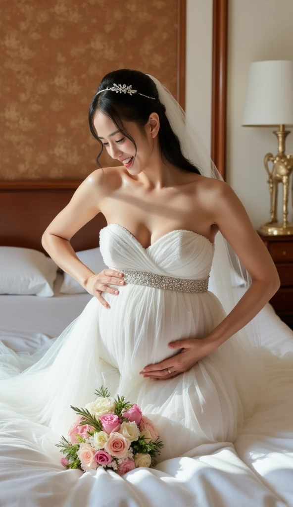 Beautiful woman, naked, full body, pregnant, Married, standing At the wedding altar, feminine, up skirt, Almost naked clothes, Very mini dress