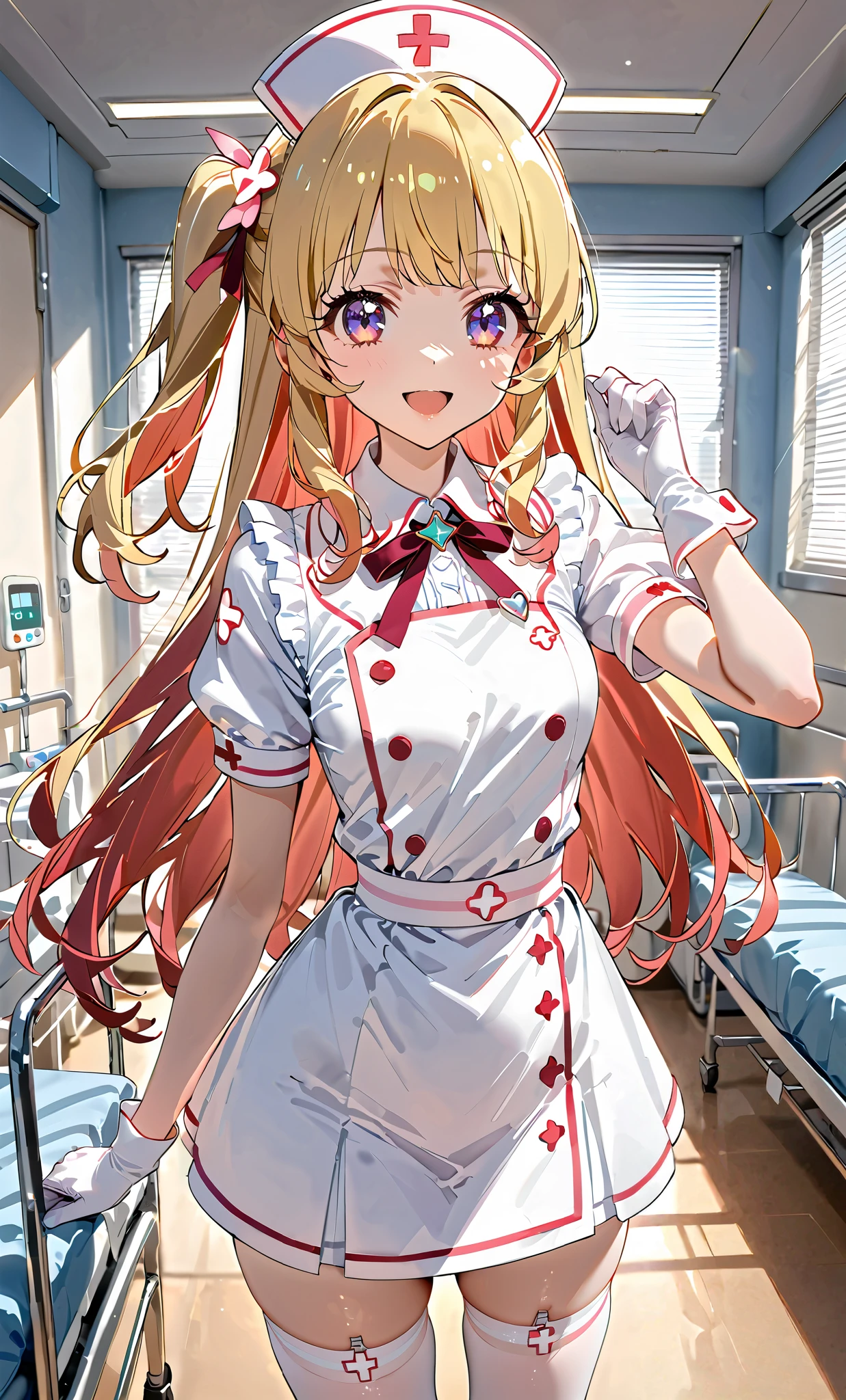 aikatsu,redeyes,Blonde_HAIR,RED_HAIR_bandmasterpiece,best quality,ultra-detailed,super detailed skin,an extremely delicate and beautiful,beautiful detailed eyes,in1, side ponytail, long hair, solo, nurse, ((white nurse cap, white nurse's outfit)), ((white legwear, zettai ryouiki)), white gloves, smile, open mouth, standing, hospital room, sharp outline, short sleeves, best quality, masterpiece