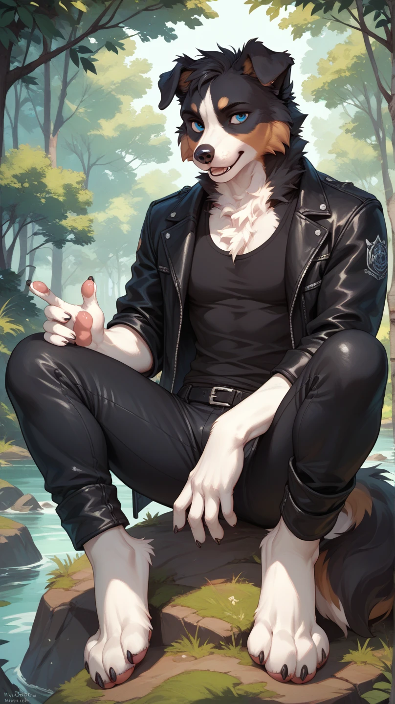 a calm looking guy with short black hair and dark green eyes and a necklace saying ray sitting in a dark room in a black chair with his legs crossed and a drinking glass in one hand with a fox in his lap