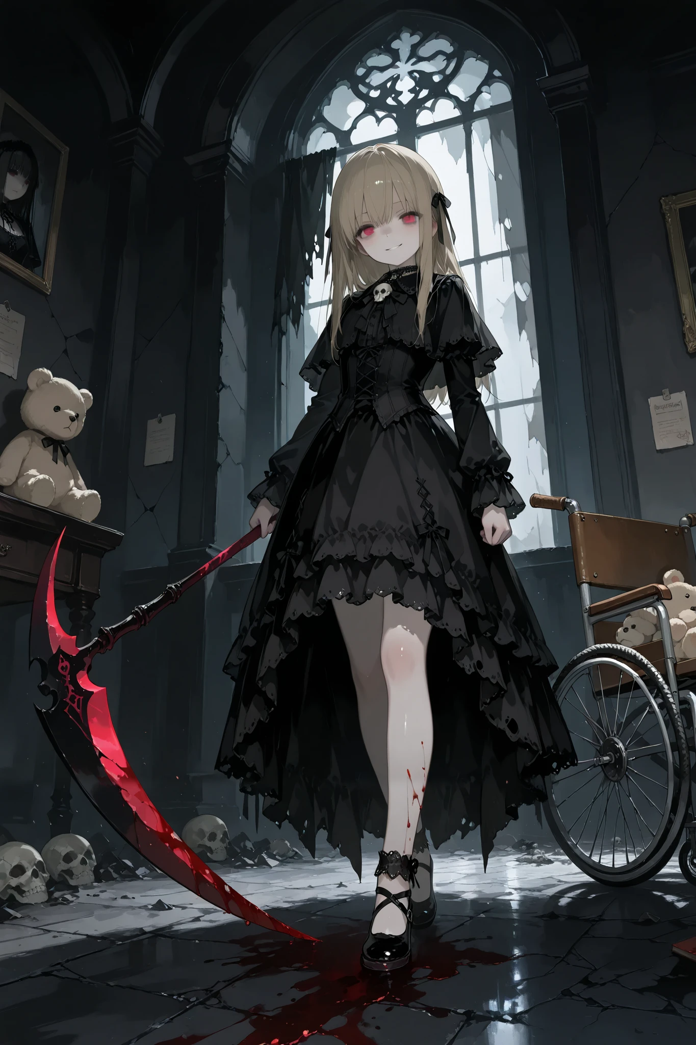 1girl\(drkgirl,
Transparent white skin, shiny skin, shiny,gothic style\), 180cm height,Absurdly beautiful and tall,great figure,side bang,from front,full body,gothic dress,blood on leg, Look at me with disdain,Please laugh me without mercy,evil smile expression),BREAK,large death scythe double-handed grip, Dynamic Motion Blur,death scythe\(perfect shape,blood on weapon, Skull decoration handle dy chain,intense energy\), BREAK, desolation church\(cracked walls, broken windows, torn curtains, rusted wheelchair, fallen IV stand, eerie silence, drifting mist, dusty floor, long shadows, moonlight through broken glass , (bloodstains:1.45),handprints on walls, (white teddy bear\(Very cute, very detailed, fluffy\), lies on the floor, head covered blood:1.6),BREAK,cold and ominous atmosphere, Dark gothic atmosphere, faith rule, insanity CG,masterpiece, best quality, 8k, highres, ultra-detailed, HDR, UHD, ultra-fine painting, Gothic illustration style,dark fantasy theme, dark gothic theme, Gothic Art style, Chiaroscuro, UHD, retina, masterpiece, accurate, anatomically correct, textured skin, super detail, high details, high quality, award winning, best quality, highres, 1080P, HD, 16k,BREAK,