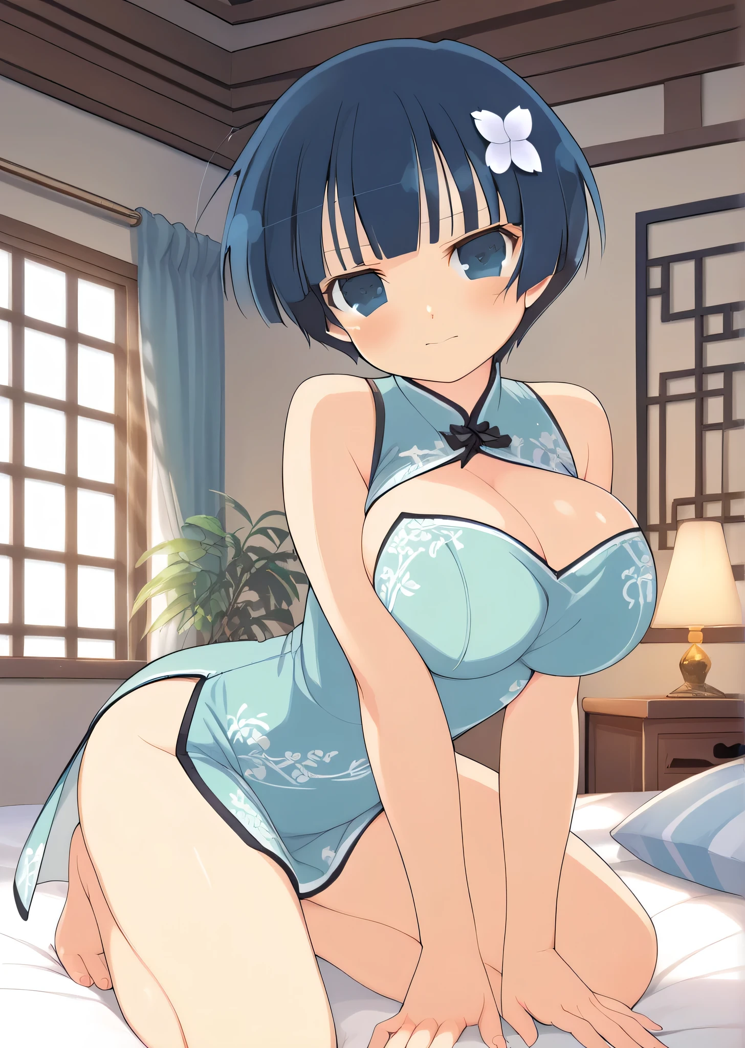 (((best quality))),(unparalleled masterpiece, side light, beautiful beautiful eyes: 1.2), ultra realistic 8k cg, perfect artwork, highly detailed, Mess, super high resolution, very super detailed,(((Yozakura , Senran Kagura))),((1 person)), alone,(((blue eyes,fine grain:1.1)),(( china dress)),short hair,blue hair,hair flower,Perfect hands,(((My legs))),rest,(((embarrassed,blush:1.3))),seductive pose,seductive pose,restingslender,hot,cute,perfectly symmetrical face,super cute girl,Super cute face,highly detailed eyes,super fine hair,super cute,very beautiful,room,(((Big breasts: 1.3)))