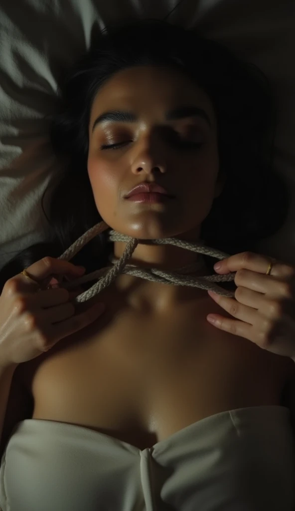 (portrait photo) of girl, (((lying on her back on a bed, wrists tied with a rope to a head post, sexy bondage, arms up))), empty room, looking at camera, (((sad, frightened face))), hyper-realistic skin, pores and freckles, (she has sand blonde hair, long, messy),((blue eyes)), her hair is pulled back over her ear, ((naked, busty)), healthy sun-kissed skin, blushing, she's in dark with natural light glow, radiant skin , sultry, tantalizing, perfectly framed face, perfect relaxed hands, perfect fingers, nail polish, (perfect portrait, incredible eyes:1.1), a work of art, beautiful composition, golden ratio, playful pleasure joy, inspiring, (highest quality fabric texture), every detail,Fine facial features – (Highest Quality) ,Leica camera film, High quality ○○ detailed – ○○ details ultra detailed(Ultra-fine ), Photorealistic, Extremely detailed(Extremely detailed) , (highest detail image, lens flare, realistic)○○ res – ○○ resolution ultra high res(A high resolution),playfully sexy and relaxed photos ((best quality)), ((masterpiece)), (detailed), perfect face, ((supermodel face)), (close up face and tits)