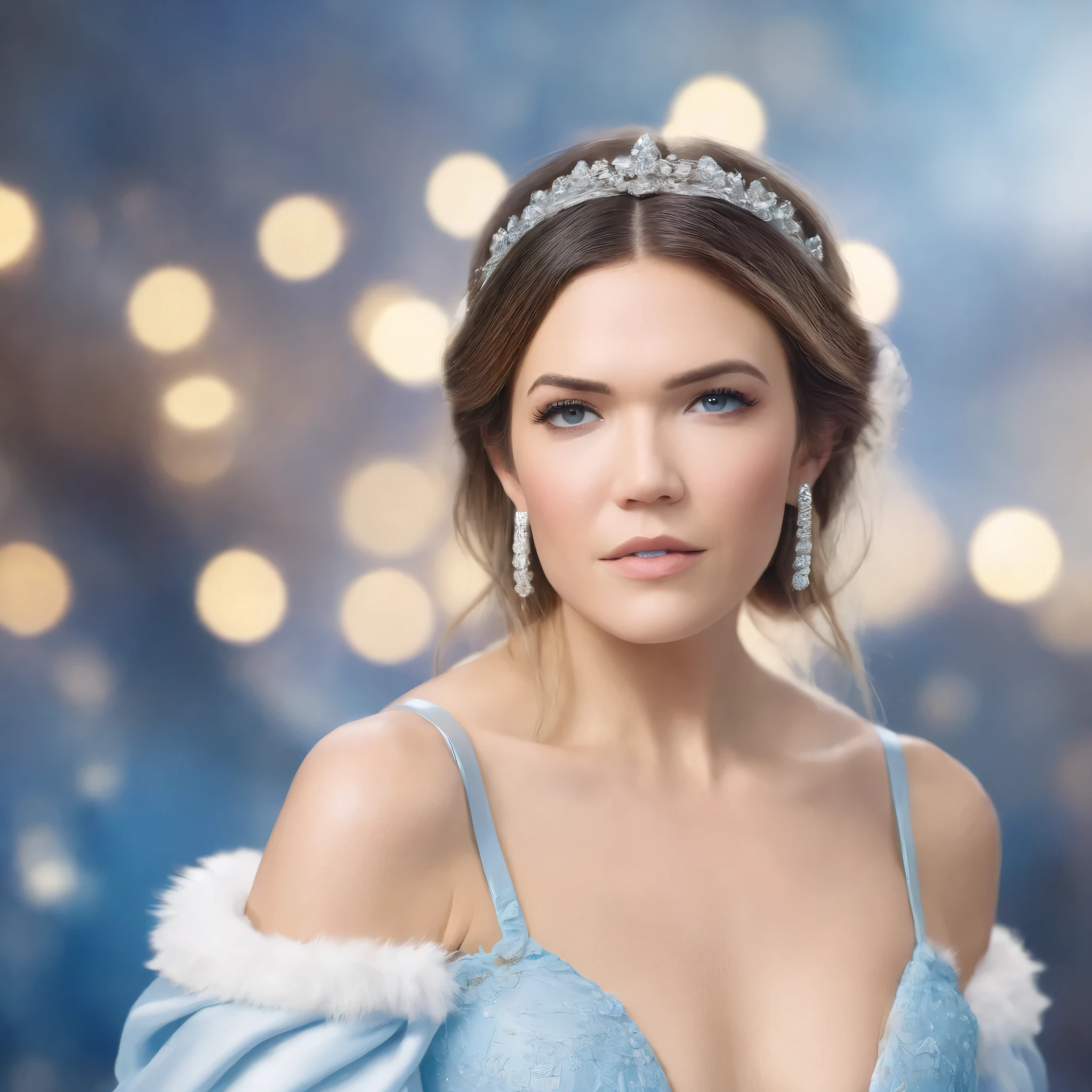 best quality, highres, 8k, masterpiece, photography, detailed midbody photorealistic portrait. Mandy Moore channels icy sophistication in a baby blue lace corset with white fur trim, a matching lace thong, and sheer white thigh-high stockings. A sheer white chiffon robe with faux fur cuffs drapes elegantly from her shoulders. Her platinum-blonde waves are swept back into a sleek, voluminous updo, with glistening silver eyeshadow enhancing her piercing gaze. White satin heels complete the wintry, luxurious aesthetic, making her look like an ice queen walking through a frozen fantasy. 40 years old, (real skin texture: 1.3), (slender figure: 1.1), six-pack abs, (Immersive Ambience, Chiaroscuro: 1.5, Dim Light: 1.2, Glow Lighting), (Bokeh: 1.5), Blurred, high contrast, (Fuji colours: 1.5), film grain