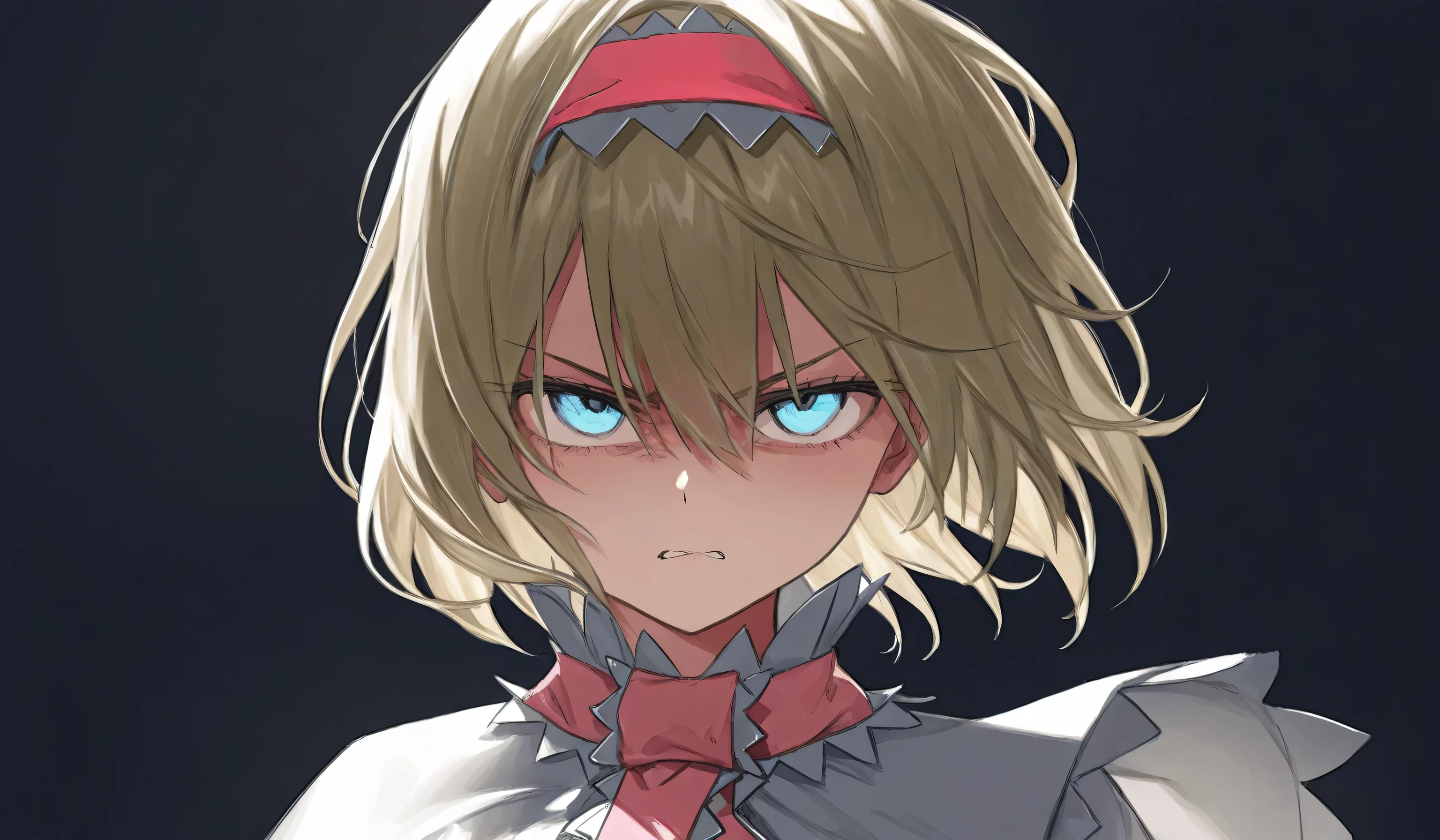 alice margatroid、 angry expression。Glaring in front of you 、 beautiful and delicate eyes, best quality,Superb product、 black background。 viewed from a distance of a few meters。solo。Diagonal side view illustration。