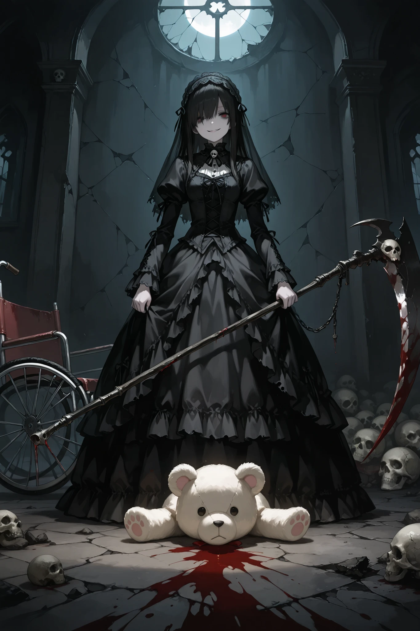 1girl\(drkgirl,
Transparent white skin, shiny skin, shiny,gothic style\), 180cm height,Absurdly beautiful and tall,great figure,side bang,from front,full body,gothic dress,blood on leg, Look at me with disdain,Please laugh me without mercy,evil smile expression),BREAK,large death scythe double-handed grip, Dynamic Motion Blur,death scythe\(perfect shape,blood on weapon, Skull decoration handle dy chain,intense energy\), BREAK, desolation church\(cracked walls, broken windows, torn curtains, rusted wheelchair, fallen IV stand, eerie silence, drifting mist, dusty floor, long shadows, moonlight through broken glass , (bloodstains:1.45),handprints on walls, (white teddy bear\(Very cute, very detailed, fluffy\), lies on the floor, head covered blood:1.6),BREAK,cold and ominous atmosphere, Dark gothic atmosphere, faith rule, insanity CG,masterpiece, best quality, 8k, highres, ultra-detailed, HDR, UHD, ultra-fine painting, Gothic illustration style,dark fantasy theme, dark gothic theme, Gothic Art style, Chiaroscuro, UHD, retina, masterpiece, accurate, anatomically correct, textured skin, super detail, high details, high quality, award winning, best quality, highres, 1080P, HD, 16k,BREAK,