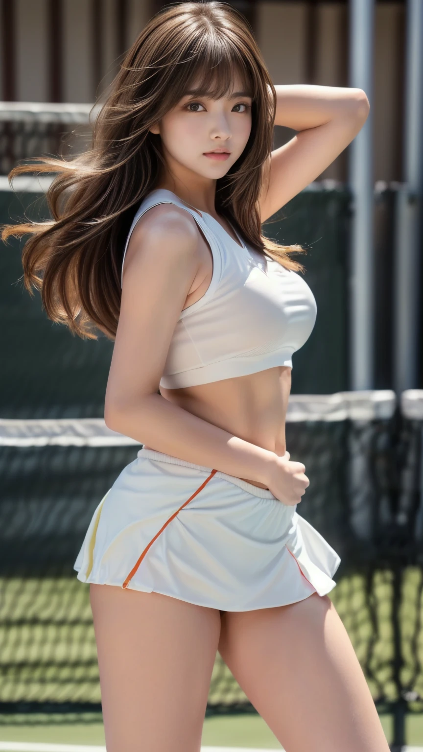 (8k, highest quality, masterpiece: 1.2), (Realistic, Realistic: 1.37), Very detailed, 1 girl, 18-year-old, White base、、White panties、Beautiful panties、She flips up her skirt to show the White base、big, beauty, cute, smile, alone, Tennis Wear, mini skirt, White base、Beautiful thighs、beautiful cameltoe、Tennis court, racket, Tennis ball, (Nose redness), (smile: 1.15), (Mouth open), Beautiful Eyes, (Long Hair: 1.2), Floating Hair Nova Frog Style, Upper Body