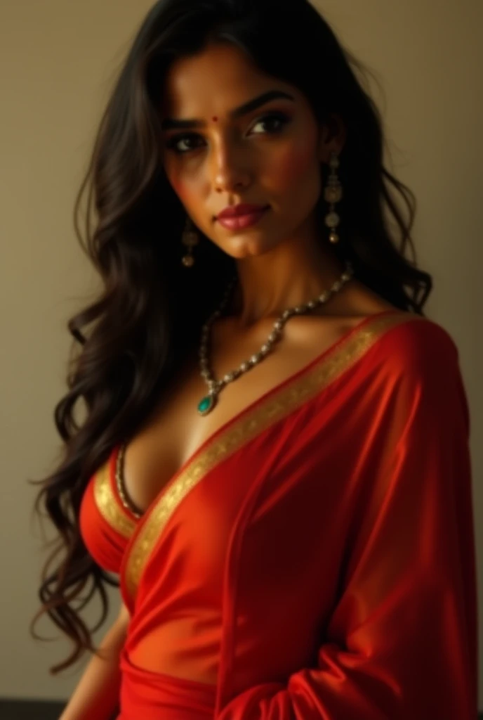 "Create an image of an Indian girl who is considered the most beautiful in the world. Her eyes should be similar to Shraddha Kapoor's—captivating and expressive. Her skin should be as radiant as Mahendra Singh Dhoni's—clear and glowing. a stylish red coat that hangs and adds a slightly attractive effect. Her odhni should be beautiful and complement her outfit. The image should capture her from head to toe, showcasing her full beauty and style. Her bosom should appear slightly attractive and eye-catching, with the coat enhancing this effect. She should be depicted as a devoted disciple of Sant Rampal Ji Maharaj, embodying honesty and Indian grace.undresh