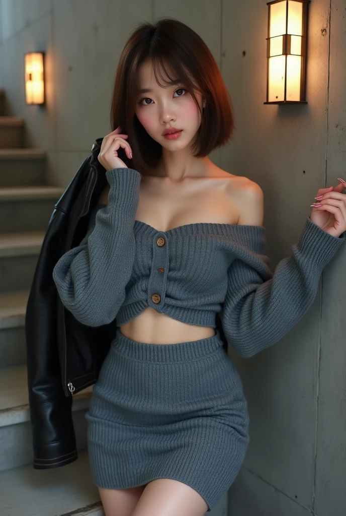 RAW PHOTO, master piece, ((extremly detailed)), high quality, ultra-high detail, high resolution, the best resolution, 16K, ultra HD, ultra high detail, detailed intricated, high realistic, best quality, beautiful, the best lighting, muscular, Mature woman, perfect body, looks at the viewer, Maternal, seductive, sexy smile, little smile, ((big breast, huge breast, large breast)), ((shiny skin, oiled skin, gloosy skin)), (((blue eyes))), blue eyes, (((brown hair, brown short Hair, pixie bob cut hair))), (((Mini Sweater Dress Turtleneck cable, oversize turtleneck, oversize turtleneck cable, big turtleneck, thick turtleneck, thick sweater dress, blue sweater dress long sleeves))), (((Thigh High Boots, Long Boots For Women))), ((stocking, black thigh, glossy black stocking lace)), realistic skin, detail hands, detail body, detail anatomy, detail face, detail eyes, detail arms, detail fingers, detail nails, detail legs, detail background, high detail, afternoon, indoor, ((library, white room, full decoration, detail background)), ultra HD, 8K, realistic, ((photorealistic:1.4)), high rendering realistic, high realistic, perfect hands, the best proportion hands, the best proportion fingers, the best proportion arms, perfect arms, perfect fingers, the best resulution, detail nails, the best nails, hyper detail realistic, smile, detail fingers, ((curve body)), Professional, Amazing, slender, narrow waist, thighhighs, cowboy shot, sexy pose, natural lighting profecional lighting, ((standing)), cowboy shot, photography, vivid, full color, enhance, bright, hdr, dslr, fix , fit, ABS, ((portrait)), ((from front)), ((Korean style, Korean actress, Korean girl school, Korean tiktokers, Korean You Tubers)), realistic visual, the best visual, realistic pose, (((standing))), detail all textures, realistic all textures, bright colors, ((sexy pose)), high priority,
