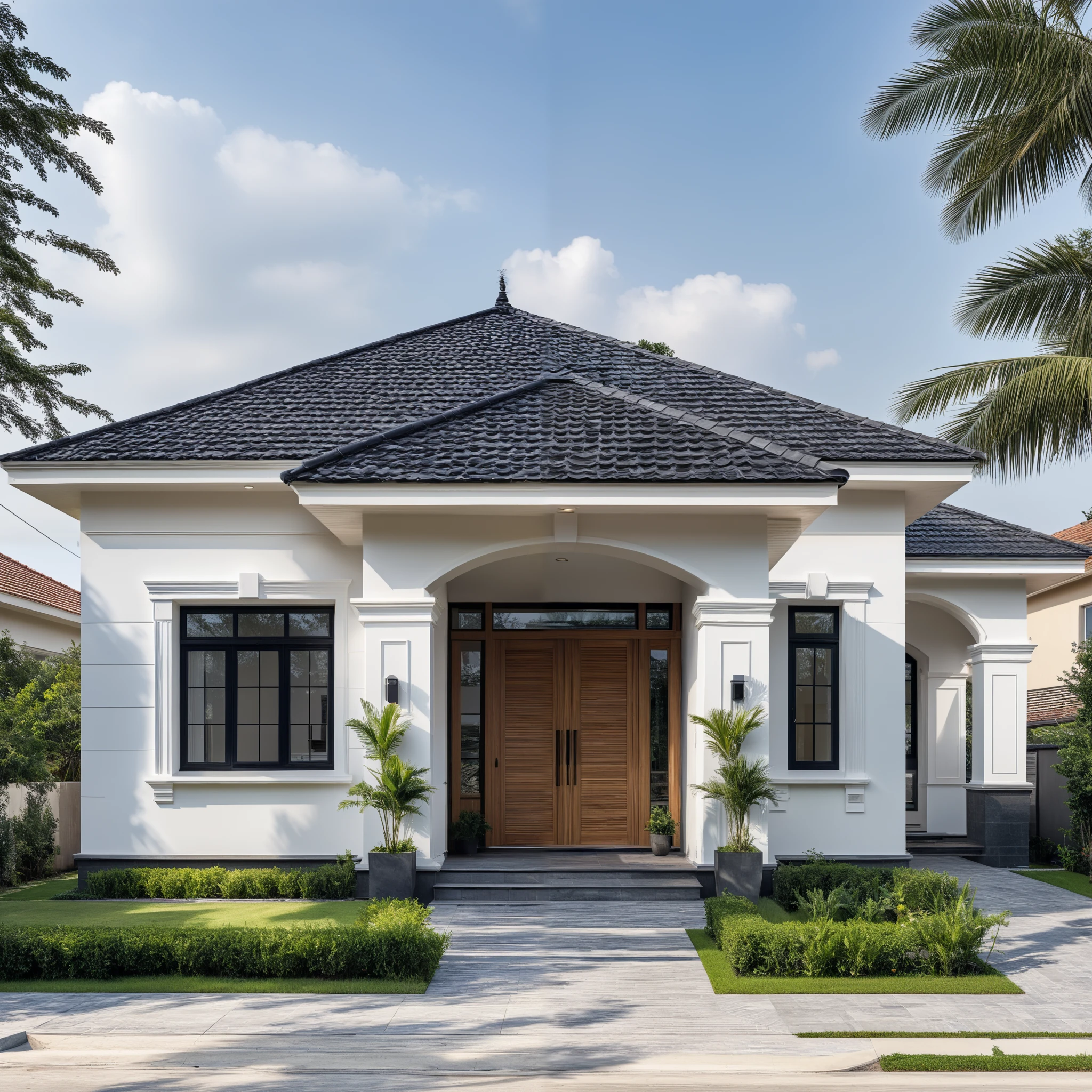 (masterpiece:1.2), best quality, photo of A two-story modern house with white walls and dark tiles on the roof, tree and plant, streetcapes, natural light, The exterior of an elegant single family home features large windows, a dark gray door frame.