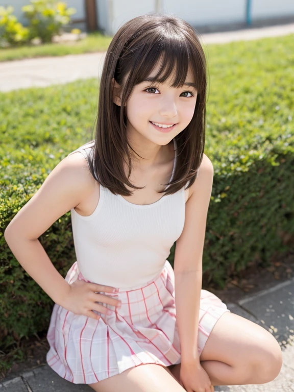 (Best-quality, Masterpiece, Ultra-High-Resolution, (Photorealistic:1.4), Raw Photo, depth of field, professional lighting, perfect anatomy, extremely details, perfect body, perfect face), (front view, facing on viewer), 1girl, 15-years-old, the most famous Japanese idol, squatting on Japanese high-school's classroom, (extremely cute face like the most popular Japanese idol, ((extremely cute and extremely big eyes)), extremely cute hair, extremely beautiful skins), extremely cute cheeks, extremely cute long-eyelashes, extremely cute lips, looking at viewer, innocent smile