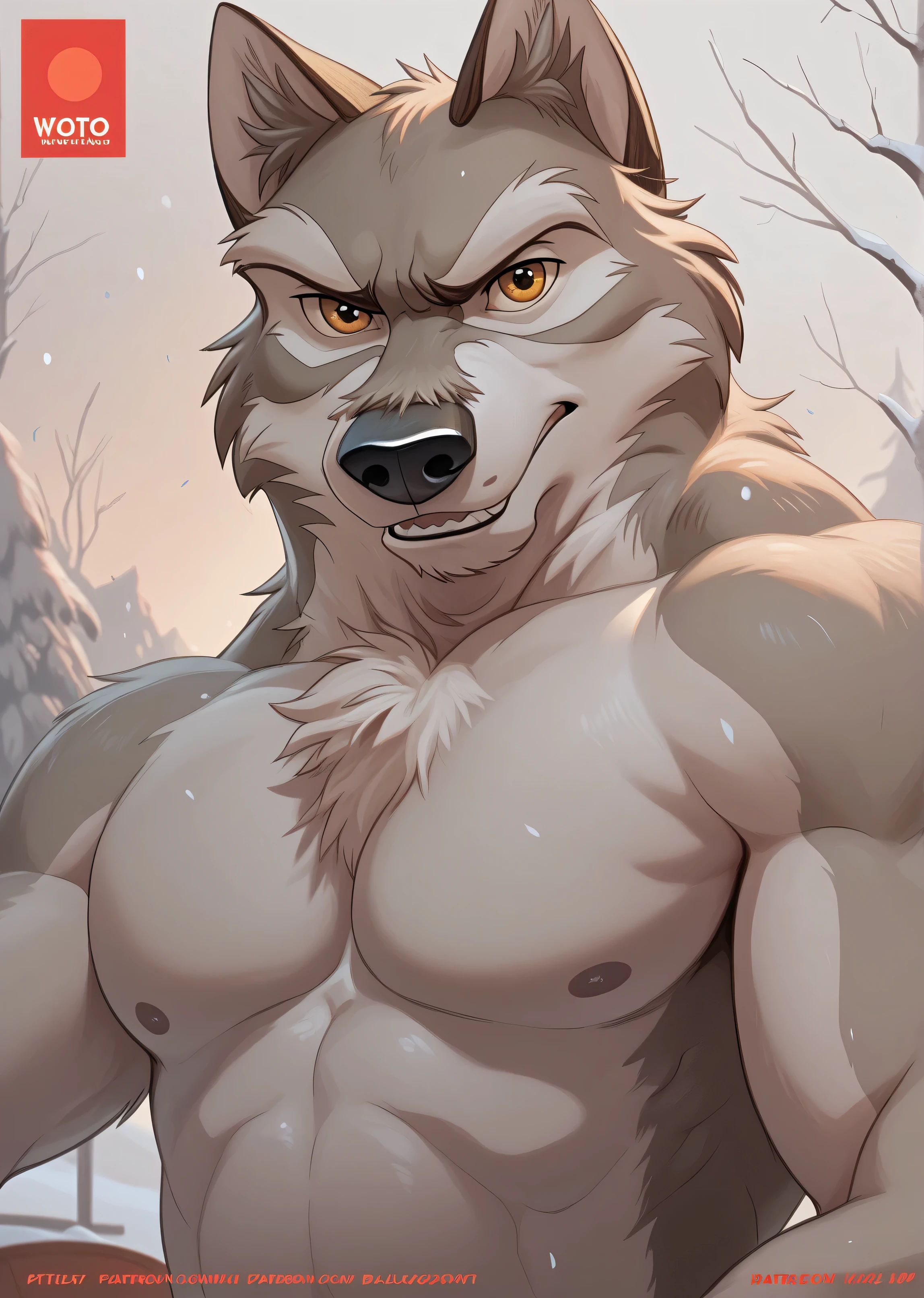 Balto wolf dog , alaskan malamute, solo, detailed, detailed face, detailed eyes, anthro body, male, adult, very muscular:1.1, cartoon shading, cel shaded:1.0, flat colors, shirtless, wfa style, negger style, cartoony anatomy, above waist, looking at viewer, arms crossed, winter countryside background:1.1,put angry face