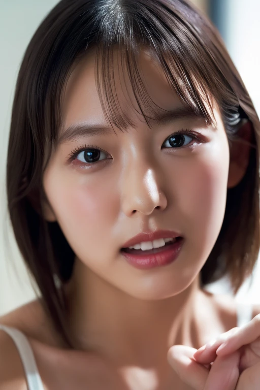 8K highest image quality)、(beautiful)、Accurate Eyes、Fine skin、22-year-old female、Brown eyes、Brown Hair、looking at the camera、naked、Semi-short hair、Smile、bangs、Full view of 、Close-up、