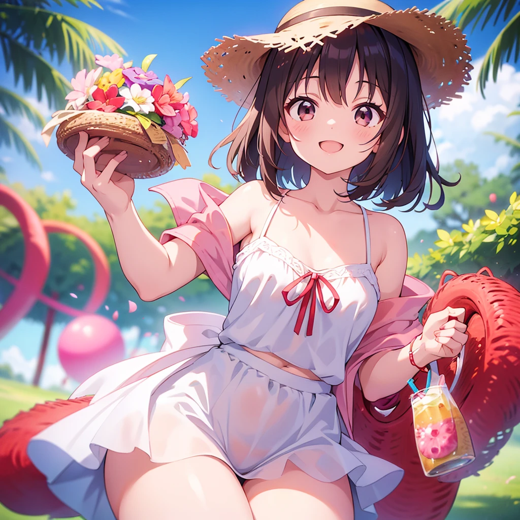 shinkai makoto, kimi no na wa., 1girl, miyamizu_mitsuha, bangs, short black hair, blush, closed eyes, red headband, hibiscus ornament in hair, red ribbon, cheerfull smile, cute, beautiful, shiny skin, looking at the viewer, solo, happy, love background, white summer dress, straw hat, best quality, masterpiece, portrait, beach, sunny background, 1result, vibrant, detailed, perfect anatomy, detailed art
