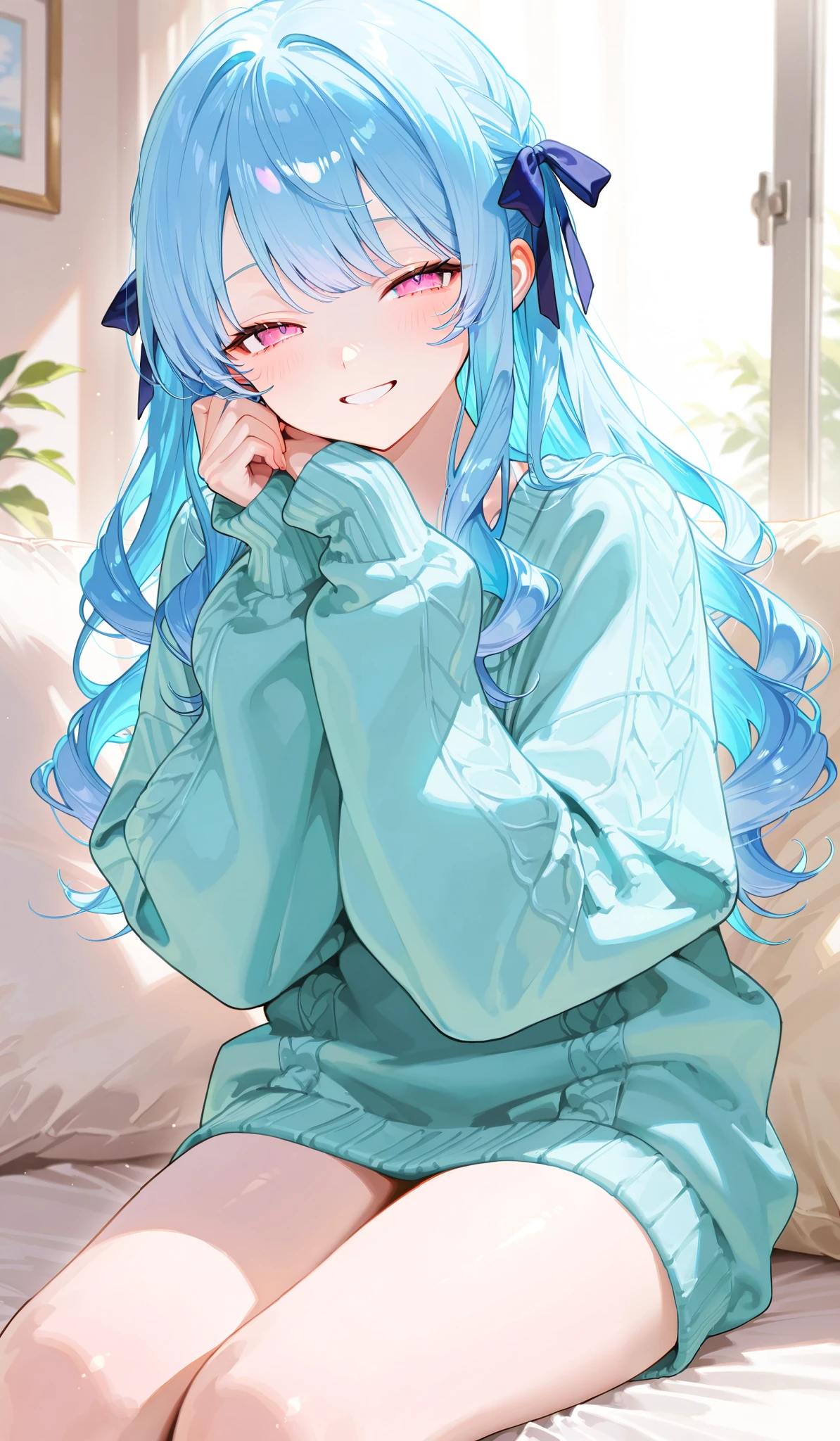 One person、Slightly narrowed eyes 、 wave hair、 frill、ribbon、 sweater、indoor、sit、 smile、 watching here、 Masterpiece、 top quality、