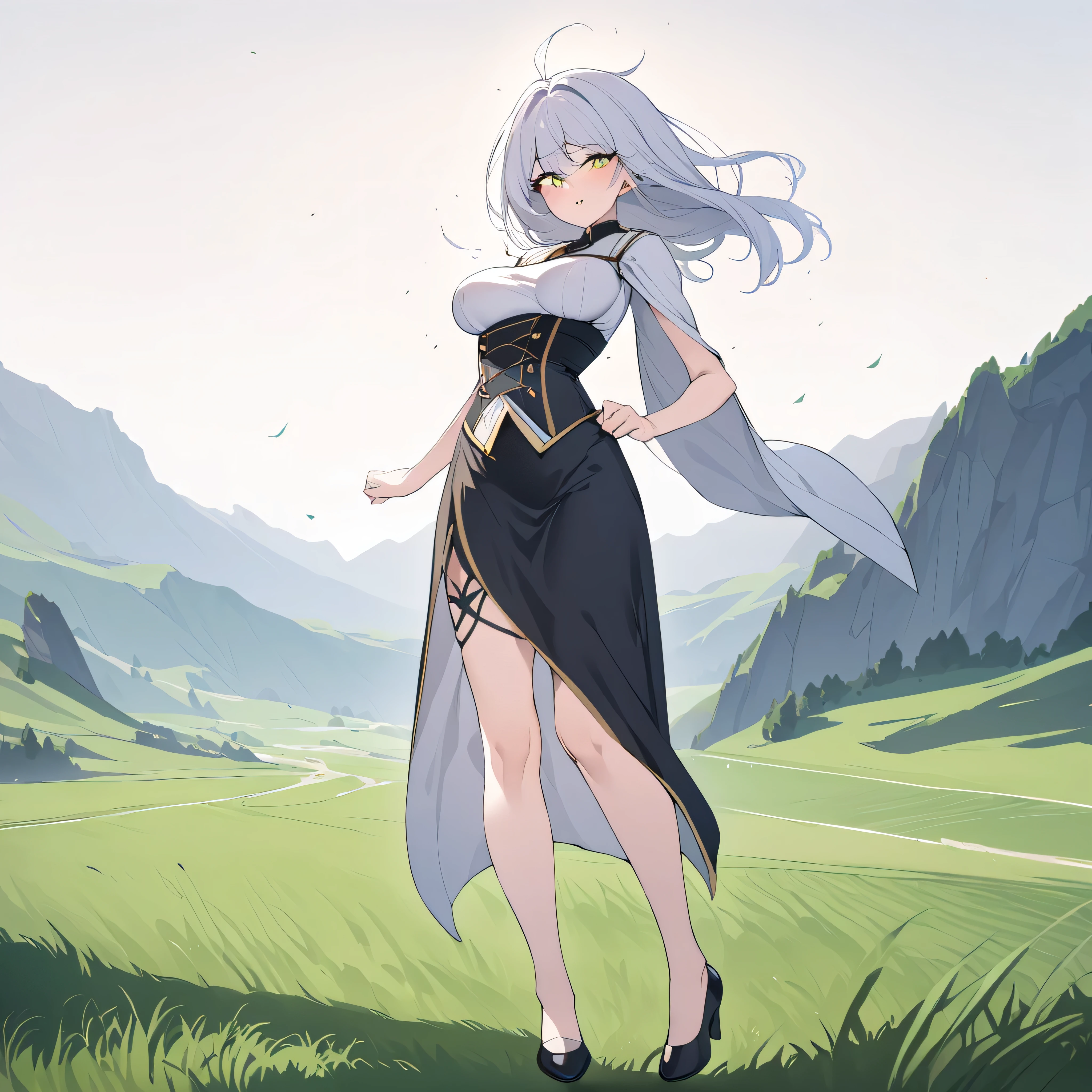 masterpiece, landscape, fantasy, (pythoness), BREAK, solo, 1 skinny girl standing, arched back, bouncing large breasts, tiptoe, pigeon toed, looking at viewer, BREAK, narrow shoulders, (large breasts), (too short torso), (too short waist), too narrow waist, very small stomach, skinny hip, skinny thighs, skinny legs, BREAK, (flapping robe), flapping long skirt cinches underbust