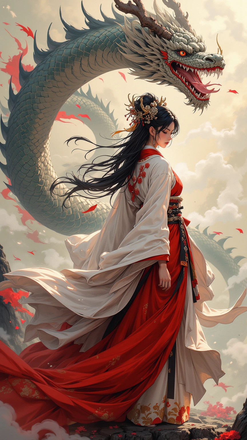 highest quality, Ultra-high resolution,A shrine maiden wearing red hakama is dancing in front of a giant dragon.、Dynamic Movement、Full moon night、Real、The dragon's head1t、竜の胴は一t、Fantasy、Five pillars of fire