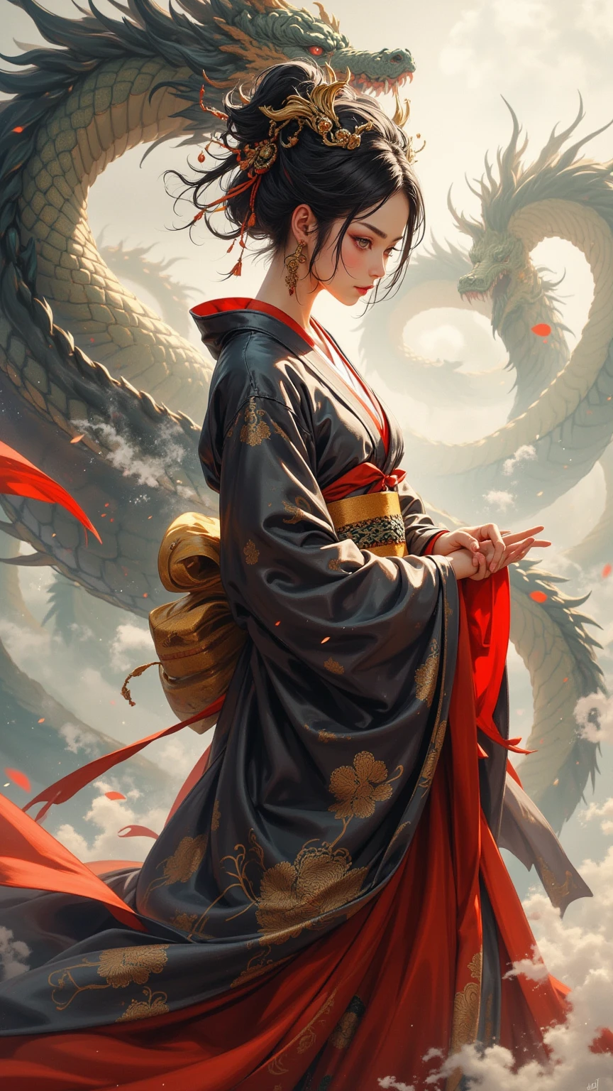 (masterpiece, high resolution, CGI, official art:1.4), (CGI rendering of a majestic Chinese dragon:1.4), (with intricate scales and flowing mane:1.1), (vibrant colors of red, gold, and green:1.2), (Sony Alpha 1 camera, perfect for capturing fine details and vibrant colors in CGI:1.3), (paired with the Sony FE 24-70mm f/2.8 GM lens for versatile and sharp shots:1.3), (the dragon's long and sinuous body gracefully coiled:1.1), (its expressive eyes filled with wisdom and power:1.1), (the dragon's claws and horns glistening in the light:1.1), (subtle wisps of smoke emanating from its nostrils:1.1), (a woman of Chinese descent standing alongside the dragon:1.2), (wearing an elegant traditional Chinese dress, a qipao, with intricate embroidery:1.3), (her black hair adorned with delicate hairpins:1.1), (Sony Alpha 1 camera capturing the woman's beauty and grace with precision:1.2), (paired with the Sony FE 85mm f/1.4 GM lens for a captivating portrait:1.2), (the woman's eyes reflecting admiration and reverence for the dragon:1.1), (the scene set in a picturesque Chinese landscape, with cherry blossoms in bloom:1.1), (the dragon and the woman standing together in harmony, symbolizing the connection between humans and mythical creatures:1.1), (the CGI rendering showcasing every detail of the scene, from the dragon's intricate scales to the woman's dress embroidery:1.1), (a moment frozen in time, capturing the mythical and cultural essence of China:1.1), (an image filled with awe and wonder, evoking the magic of ancient Chinese legends:1.1), Cinematic, Hyper-detailed, insane details, Beautifully color graded, Unreal Engine, DOF, Super-Resolution, Megapixel, Cinematic Lightning, Anti-Aliasing, FKAA, TXAA, RTX, SSAO, Post Processing, Post Production, Tone Mapping, CGI, VFX, SFX, Insanely detailed and intricate, Hyper maximalist, Hyper realistic, Volumetric, Photorealistic, ultra photoreal, ultra-detailed, intricate details, 8K, Super detailed, Full color, Volumetric lightning