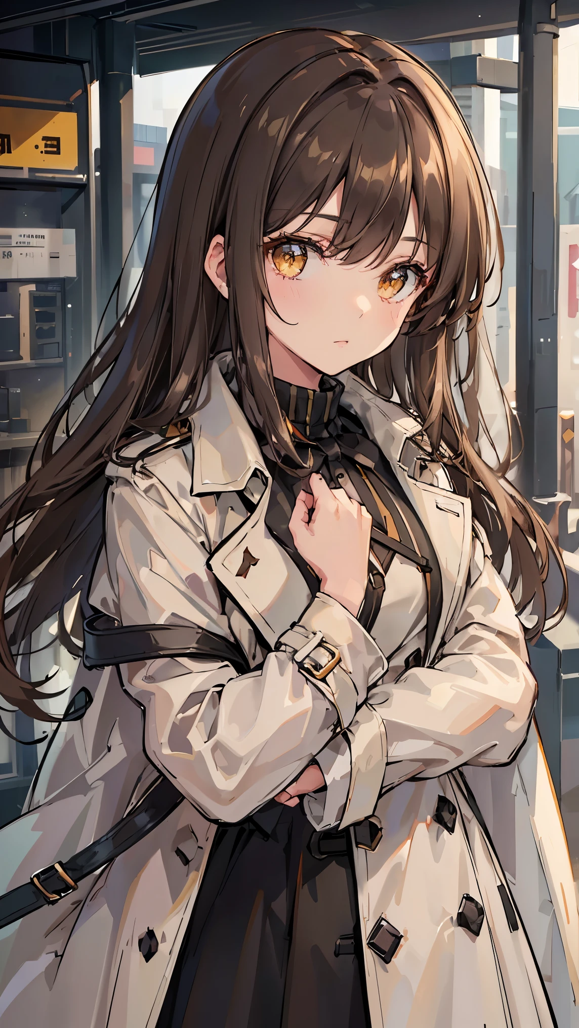 (Trench coat), outerwear, long coat, long length, off-white color Wearing a knitted sweater as an inner layer, brown hair, hair behind ear, ribbon, sparkle, ((masterpiece)), UHD, (textured skin), accurate, ((super detail)), high quality, ((best quality))