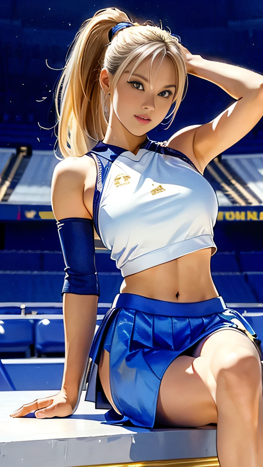 ((masterpiece, best quality,absurds)),supergirl( 1 woman,solo, long blonde hair, 21 years old,expressive blue eyes,huge breasts:1.3), cheerleader uniform (((mini sleeveless gym top, pleated mini skirt,white thong panties with garter, stocking))supergirl cosplay) , back straddling ass, college football stadium,other buildings blurred to the bottom of the picture, night