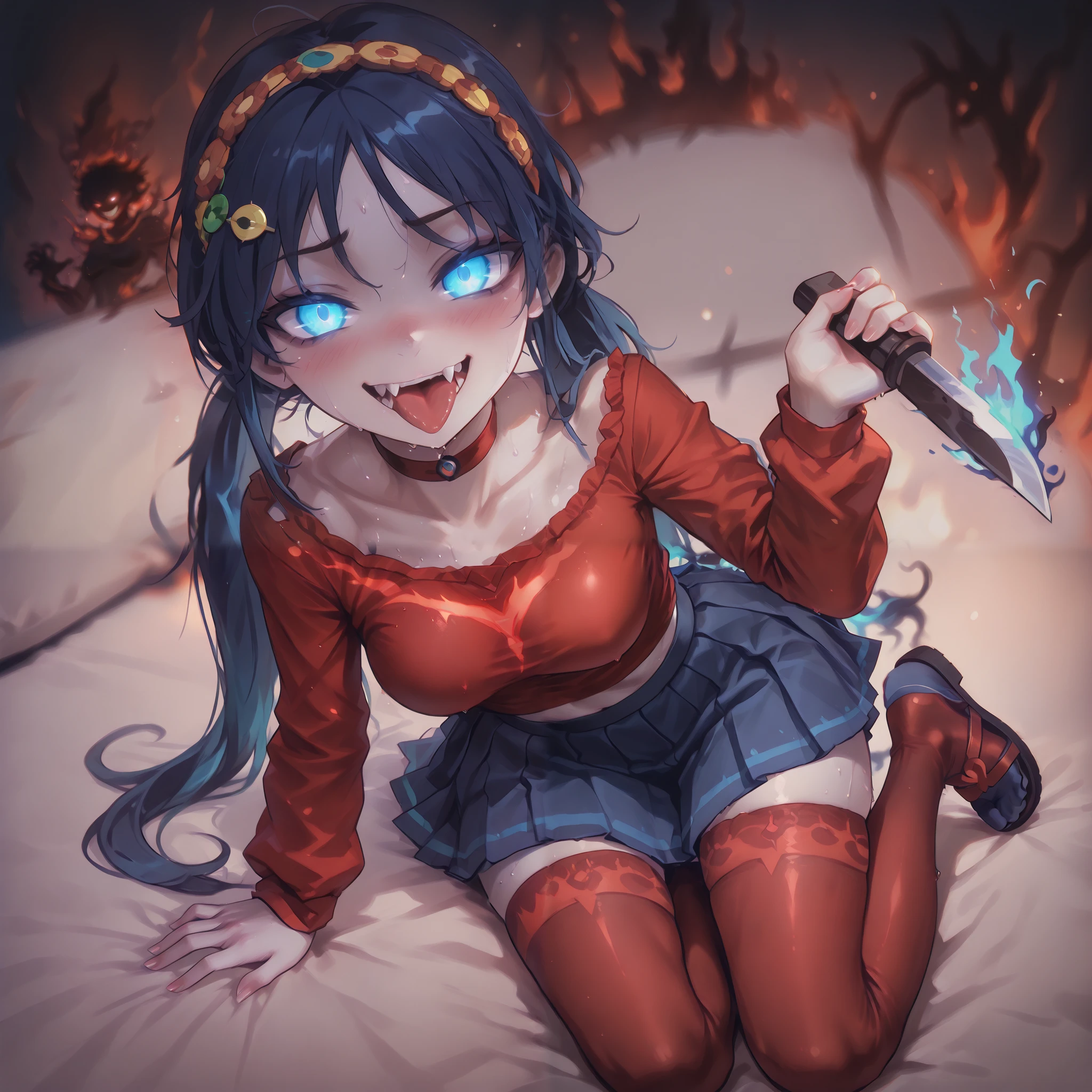 (ultra detailed), (masterpiece), (best quality), (depth of field), (sharp focus), (cinematic lighting), (vibrant colors), 1girl, crazy smile, fangs, tongue out, deep glowing dark blue eyes, psychotic, psycho, pale skin, sexy body, medium breasts, sweaty body, energetic, Phonk, Brazilian Phonk, Simple Design, Simplified, dark background, silhouette, glowing eyes, aura, beautiful hair, looking at viewer, sharp teeth, ((dark blue flames in the background)), dark blue gradient background, sexy pose, dark blue energy radiating from her body.
She is wearing a red shirt with long sleeves, a blue pleated skirt, red thigh-highs, and blue sandals. red choker around her neck. Her expression is smug and playful, with a blushing smile, as she strikes a sexy, confident pose. The scene is dynamic and vibrant, with a mix of dark and neon dark blue tones, glowing energy, and a sense of chaotic elegance.