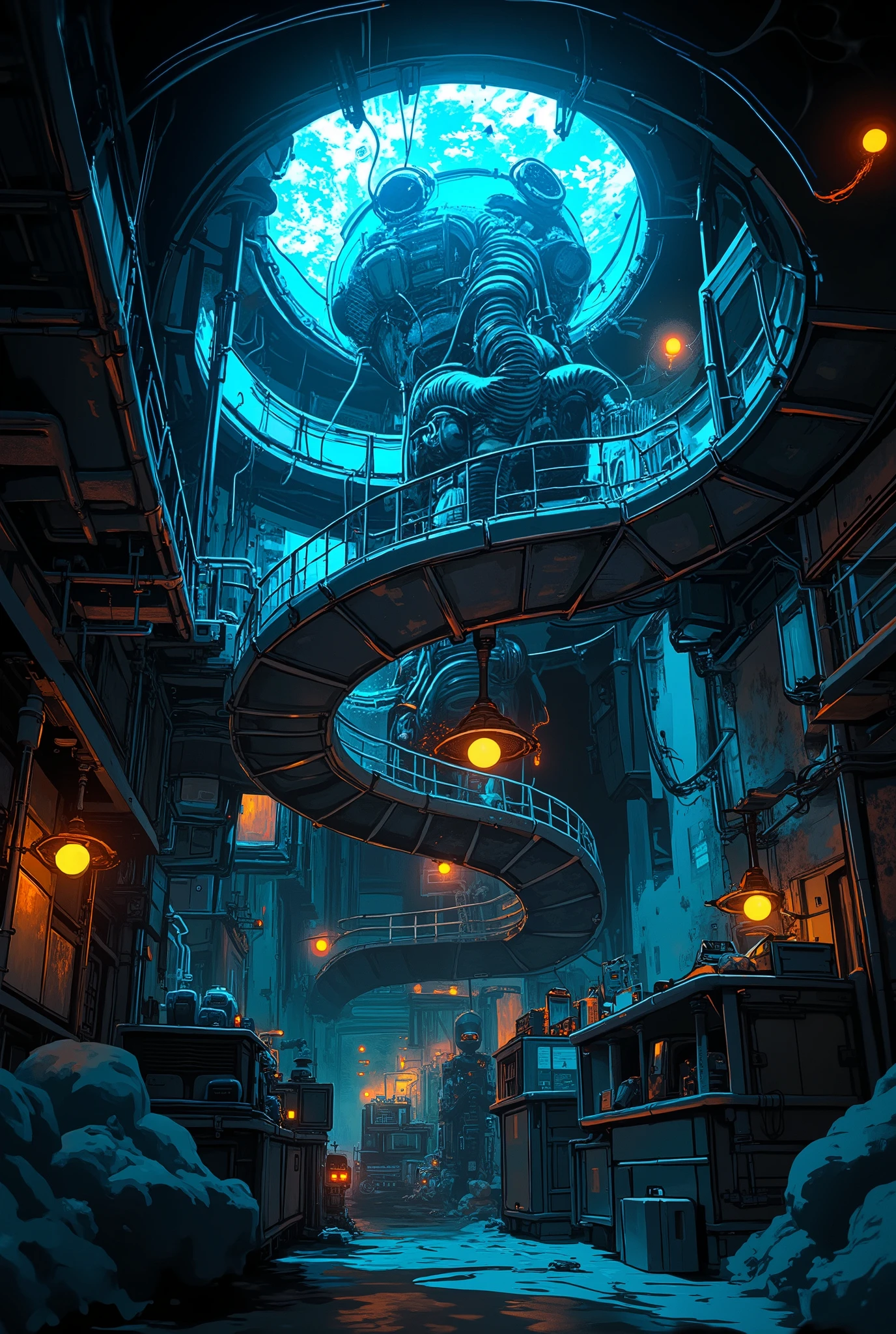 a secret laboratory, dark and mysterious underground research facility, scattered research documents, experimental equipment and large-scale biofabrication plant, chiaroscuro lighting, moody atmosphere, cinematic angle, dark and somber color palette, highly detailed, 8k, photorealistic, intricate machinery, complex architecture, dramatic shadows and highlights, sinister undertones, thought-provoking and unsettling