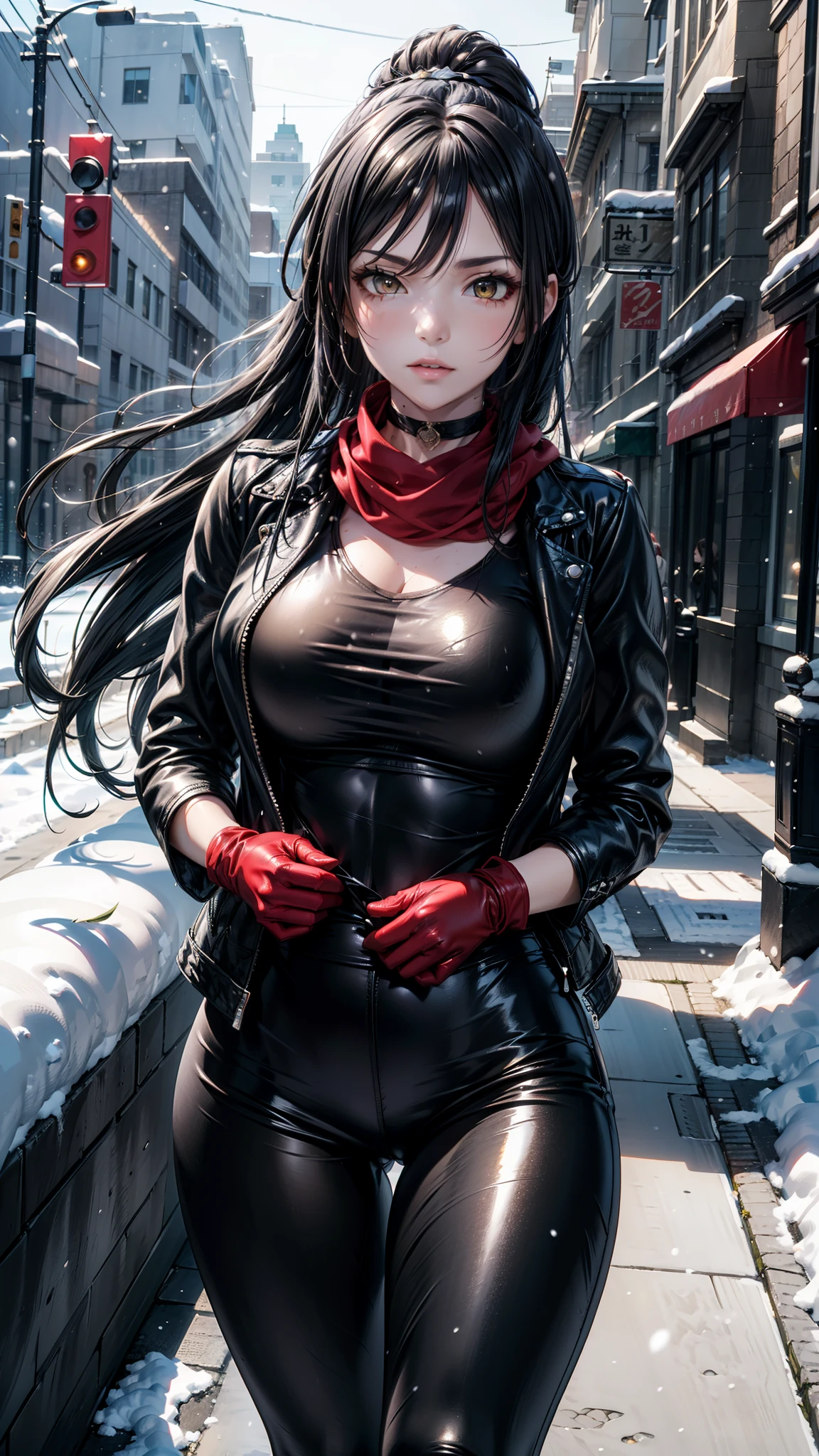 (Yaedef :1.4), 8K, highres, ultra detailed, (obra maestra:1.4), (( perfect hands)), best quality photo, Sakuya Shirase, symmetrical body, sensual lips, pechos perfectos , Big breasts , slender legs , badass anime girl , bright clothes, beautiful, Alone, of foot, Tender Pose, seen from the front , tender look, long ponytail black hair, detailed face , detailed eyes , amber yellow eyes , choker :1.6, ((red scarf)), choker : 1.6, (( Black leather jacket )), ((( shiny black leggings))), ((shiny black gloves )), ((calle con snow)), city, (cloudy), Snowing, snow