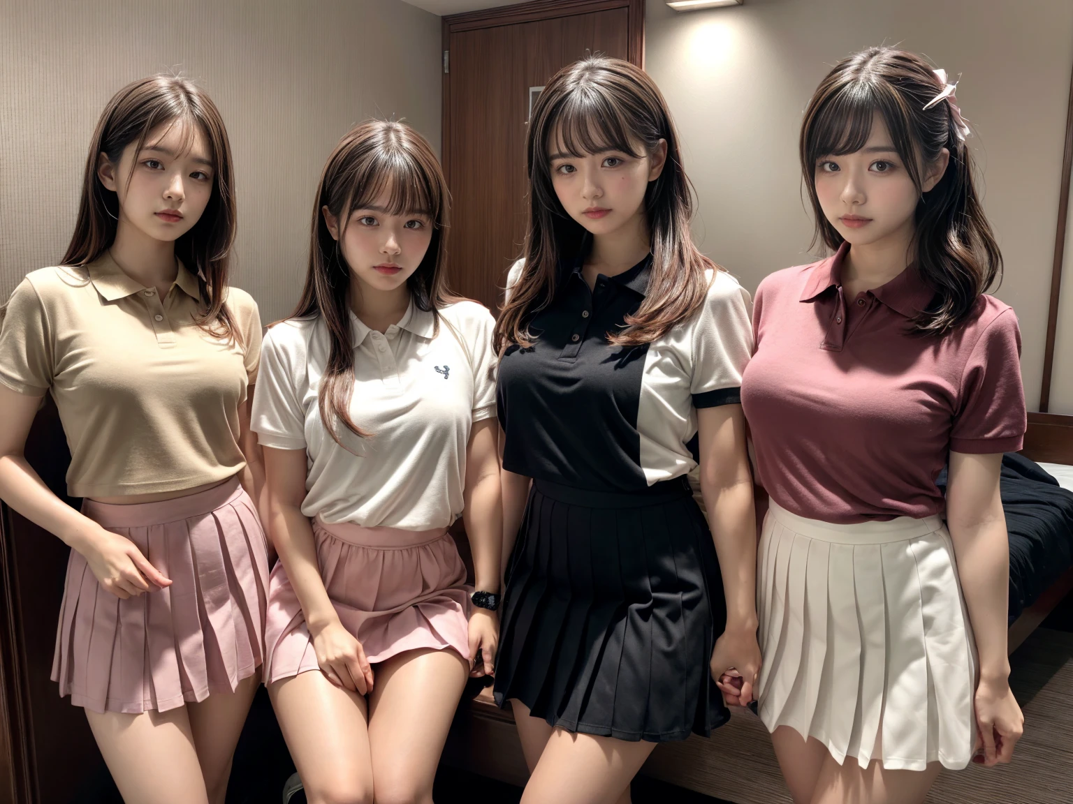 masterpiece, best quality, illustration, Super detailed, fine details, High resolution, 8K,wall paper, perfect dynamic composition,(Details High quality, realistic depiction of eyes:1.3), (2 girls), (collared polo shirt), pleated skirt, knee high socks, twin tails, in a hotel room in the background, deep on field, large breasts, black hair color, Big Natural Color Lip, (perfect body shape), crying a little、Harajuku style、20 year old girl、cute type、beautiful legs, Gravure Idol