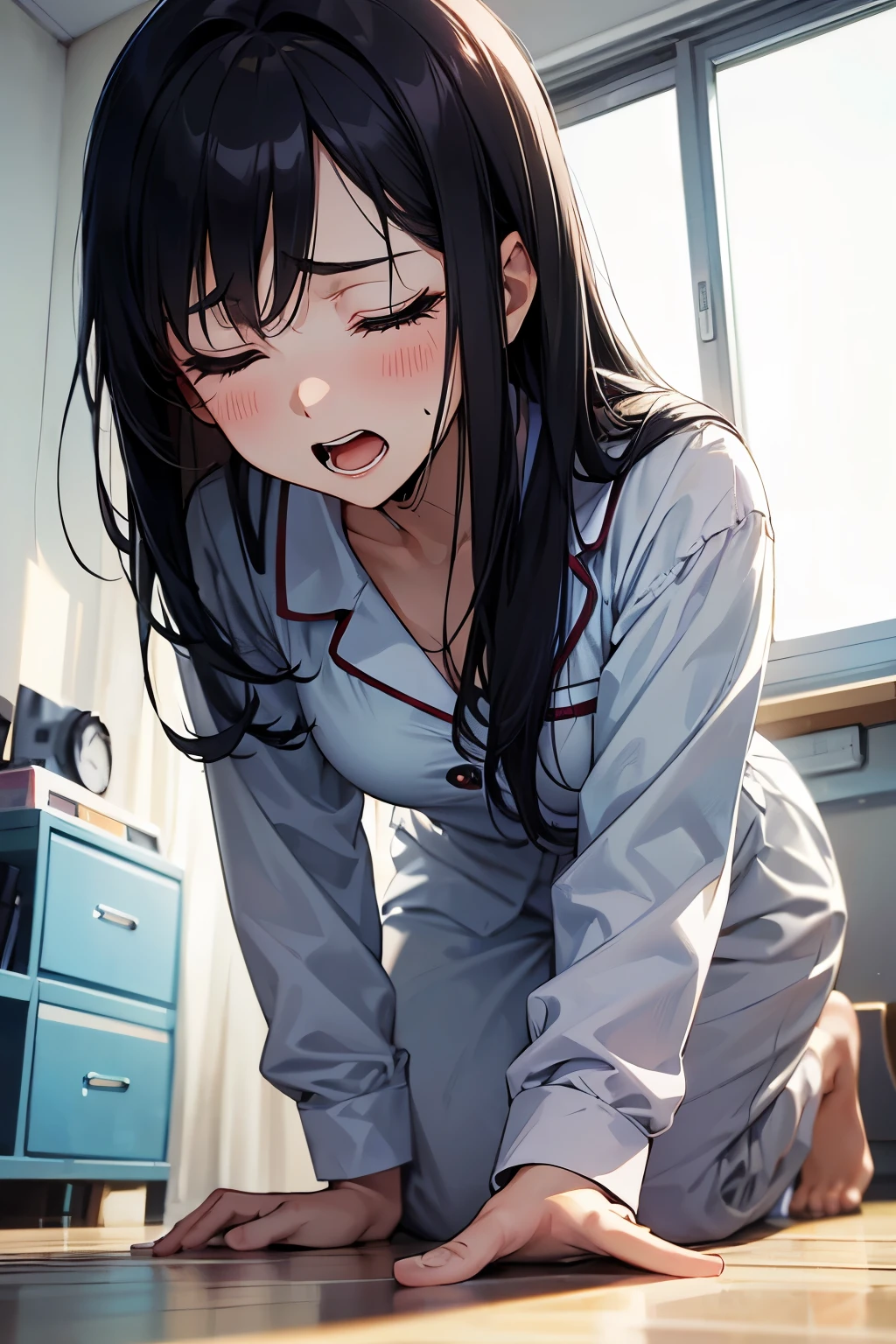 (best quality,4k,high resolution,masterpiece:1.2),A 14-year-old girl falls in a hospital halfway, kneeling down on the floor of the halfway, looking down, a photorealistic cute girl with long black hair, wearing white pajamas, Europian face, noble face, a desparate look on her face with determination, painful face, cute face, tired, closed eyes, open mouth to shout for pain, full body portrait.