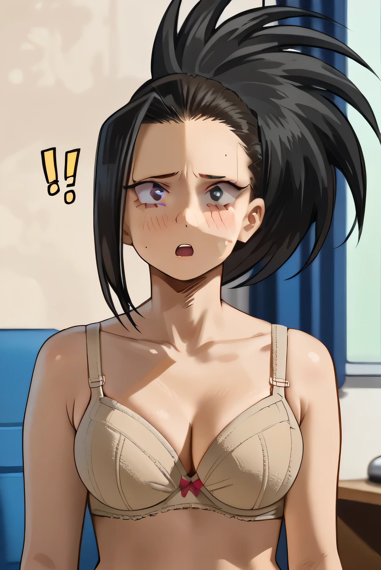 NSFW, ((Sexy beige Bra by Wacoal:1.48)),source_Anime, collarbone, indoors, room, cowboy shot, (beige bra and panty:1.5),((anime colorin:1.2)), Her hairstyle is  side ponytail,black hair color, ((large breasts)),curvy,inverted,1girl, ((Momo Yaoyorozu:1.38)), (looking at from the front), NSFW,((She is very surprised when someone peeks at her :1.38)),((She is very surprised at being pranked:1.38)),((troubled look on your face:1.37)),score_9,score_8_up,score_7_up,source_anime,
