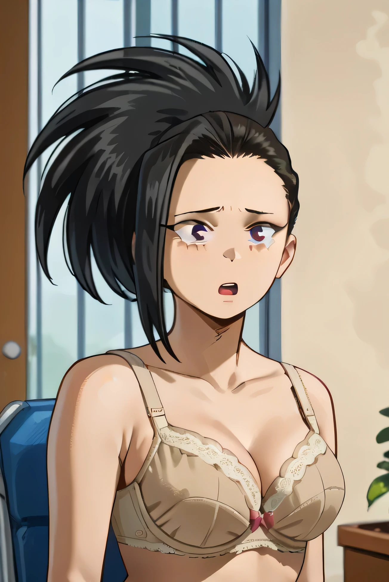 NSFW, ((Sexy beige Bra by Wacoal:1.48)),source_Anime, collarbone, indoors, room, ((cowboy shot:1.45)), (beige bra and panty:1.5),((anime colorin:1.2)), Her hairstyle is side ponytail,black hair color, ((large breasts)),curvy,inverted,1girl, ((Momo Yaoyorozu:1.38)), (looking at from the front), NSFW,((She is very surprised when someone peeks at her :1.38)),((She is very surprised at being pranked:1.38)),((troubled look on your face:1.37)),score_9,score_8_up,score_7_up,source_anime,