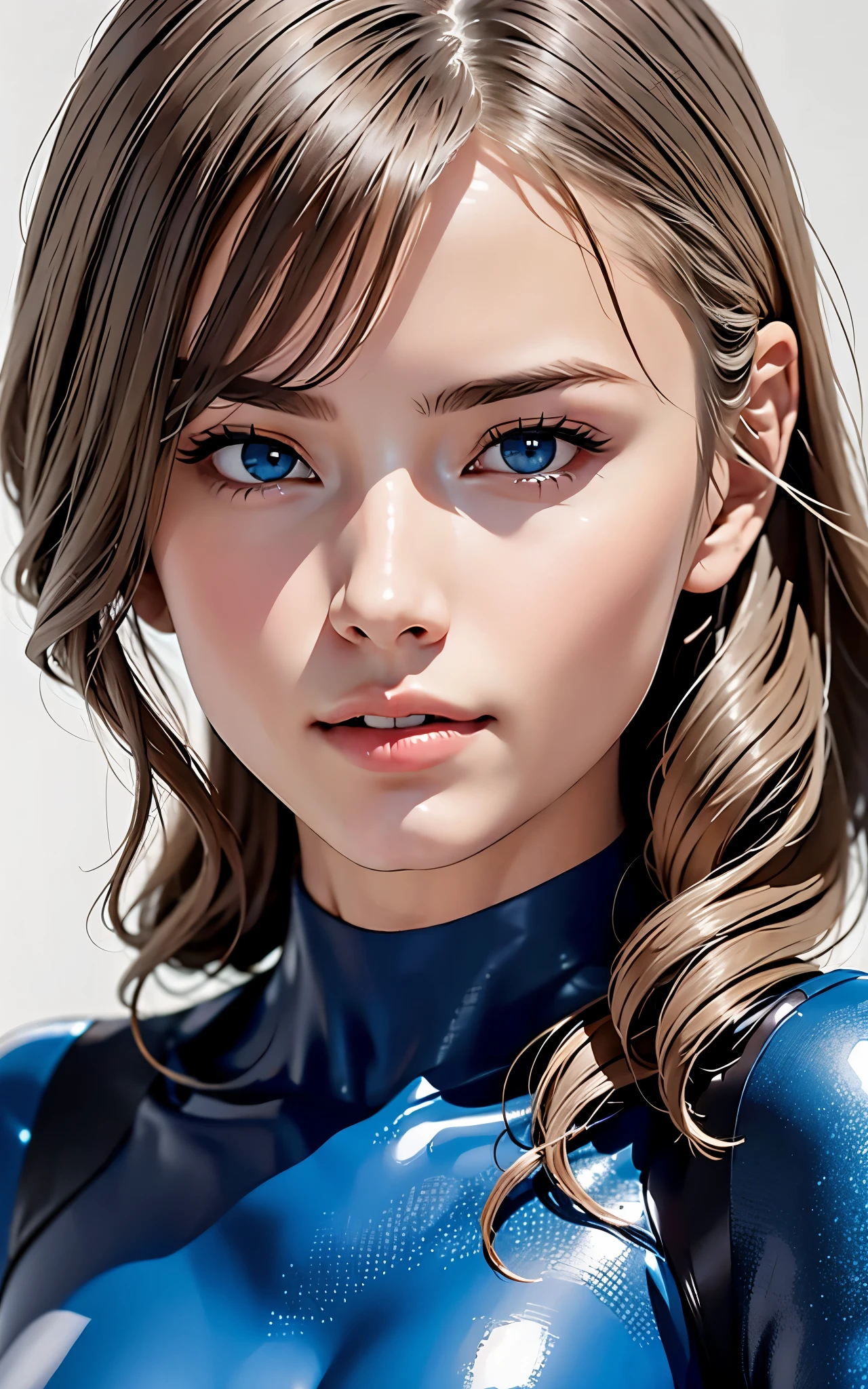 portrait, realistic, elegant woman, zero suit, blue eyes, blonde hair, 4k resolution, Hyper Realistic
