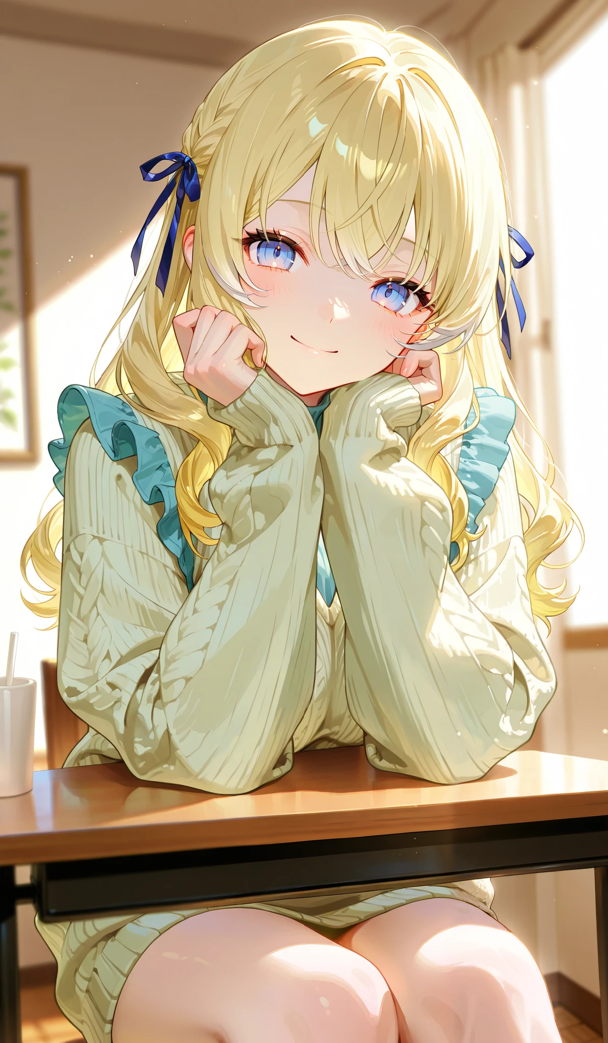One person、 wave hair、 frill、ribbon、 sweater、 smile、 watching here、 Masterpiece、 top quality、 blurry background indoors、 depth of field、 natural light、 Soft Lighting 、 detail hair