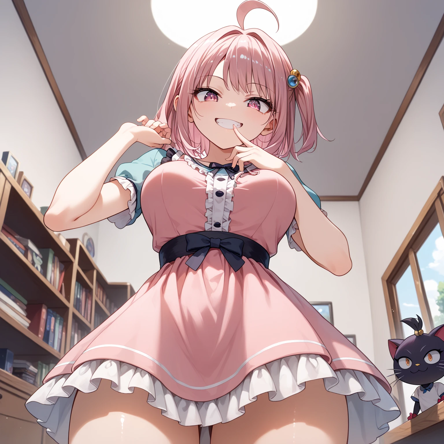 Madoka Shikame、I'm lifting my skirt、Low-rise panties、Blatant crotch、Thin fabric panties、Sheer crotch、micromini skirt、Panchira、Upper Eyes、huge smile、Y shirt、校服、